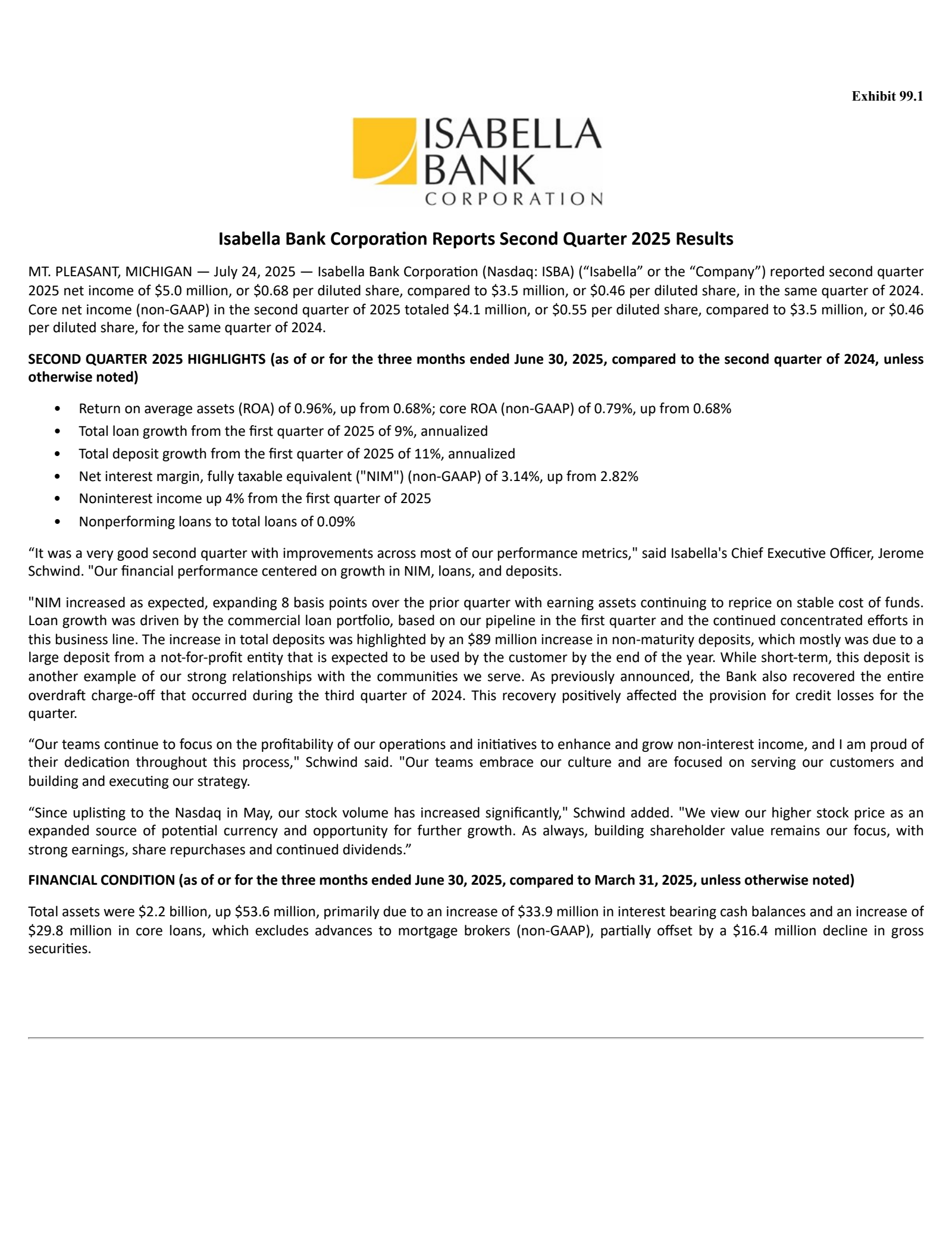 Isabella Bank's Q2 2025 Press Release