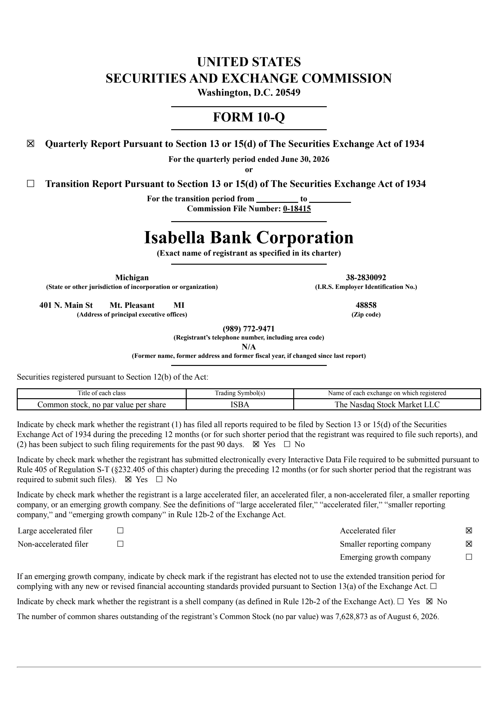 Isabella Bank's Q2 2026 Quarterly report