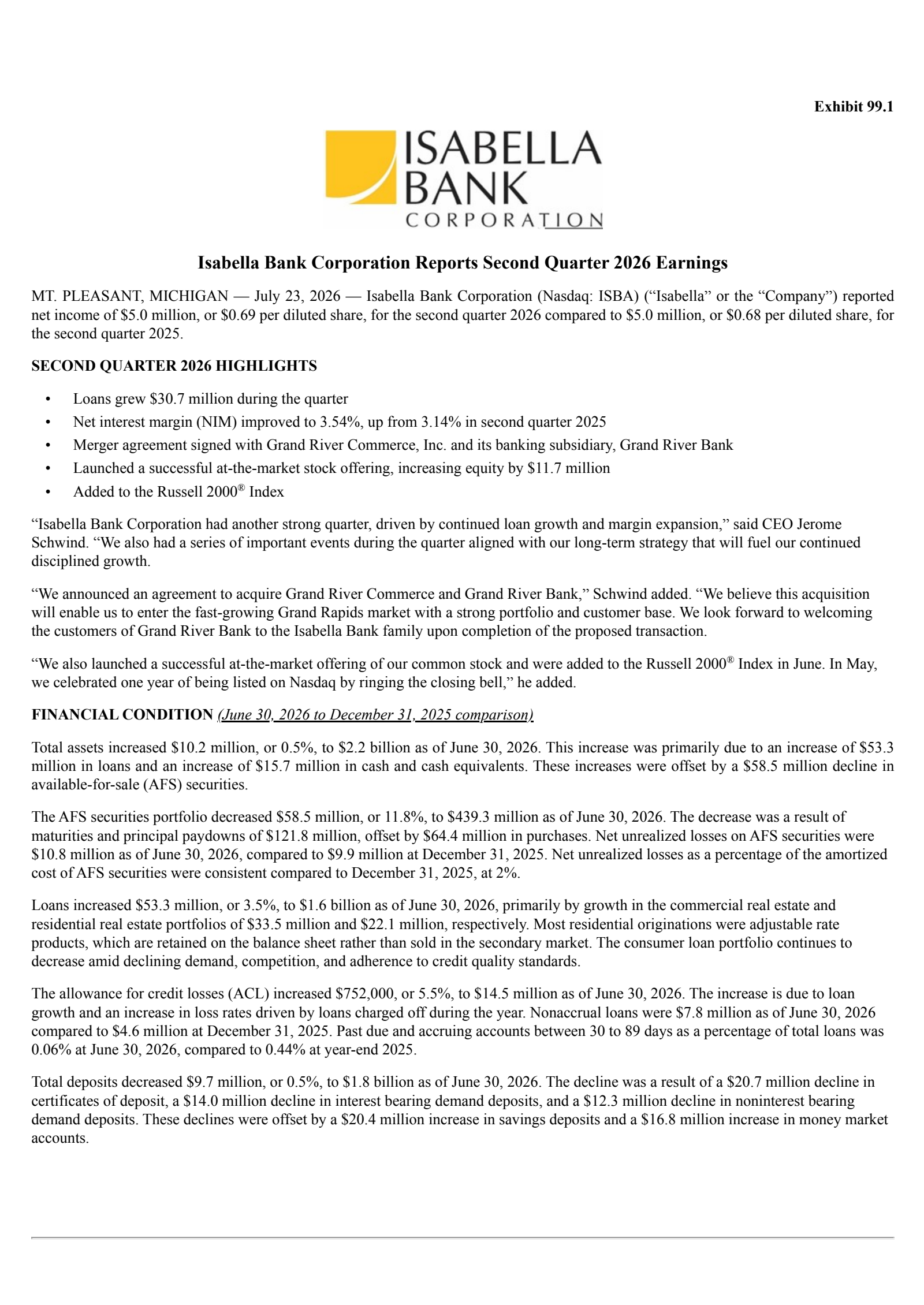 Isabella Bank's Q2 2026 Press Release