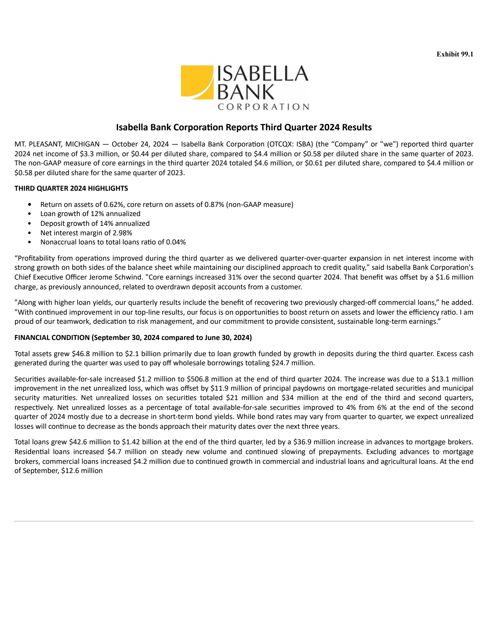 Isabella Bank's Q3 2024 Press Release