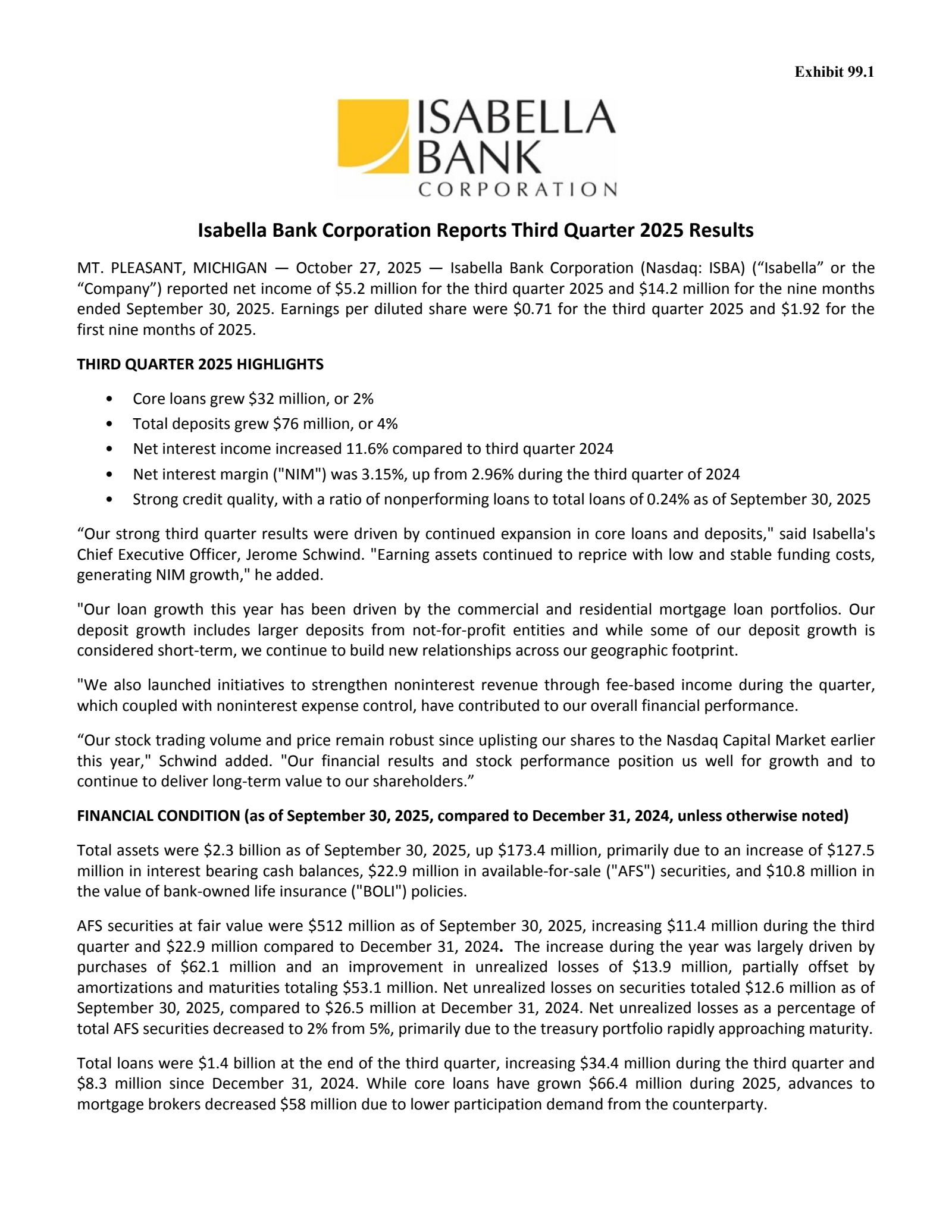 Isabella Bank's Q3 2025 Press Release
