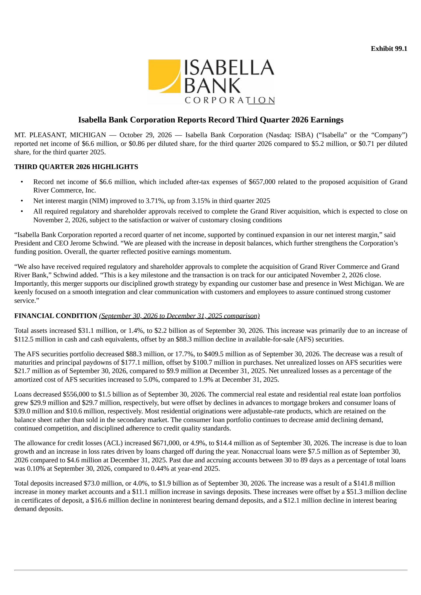 Isabella Bank's Q3 2026 Press Release