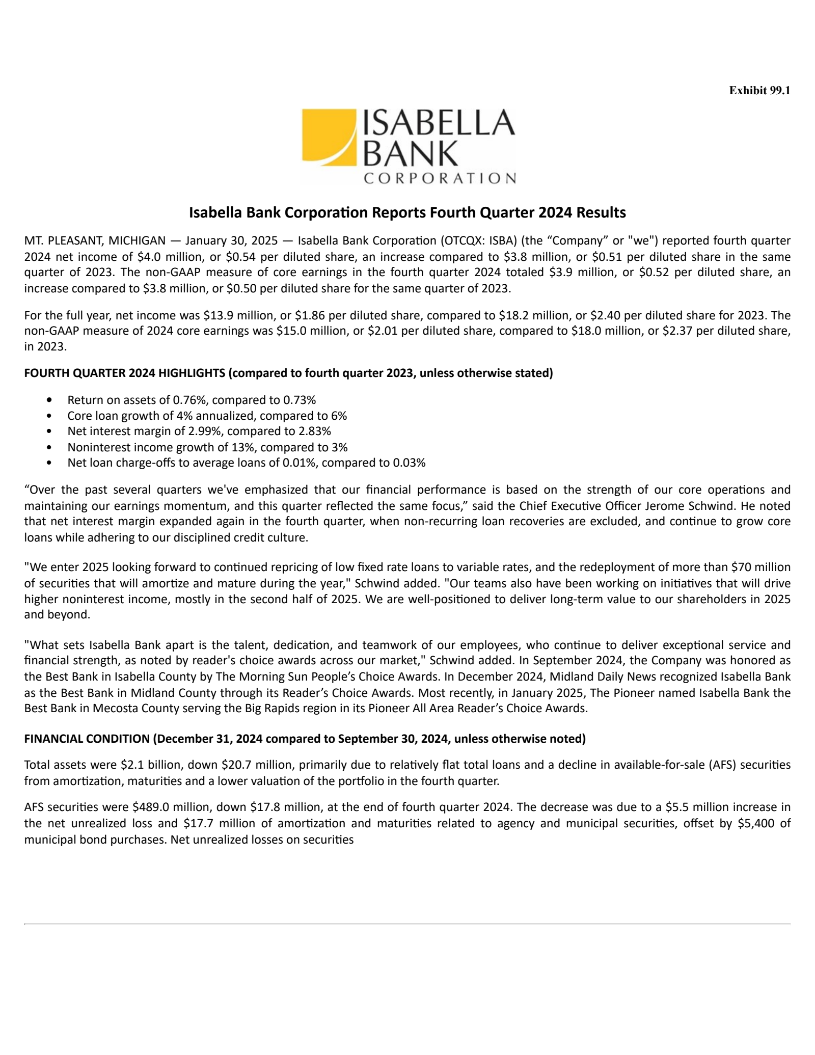 Isabella Bank's Q4 2024 Press Release