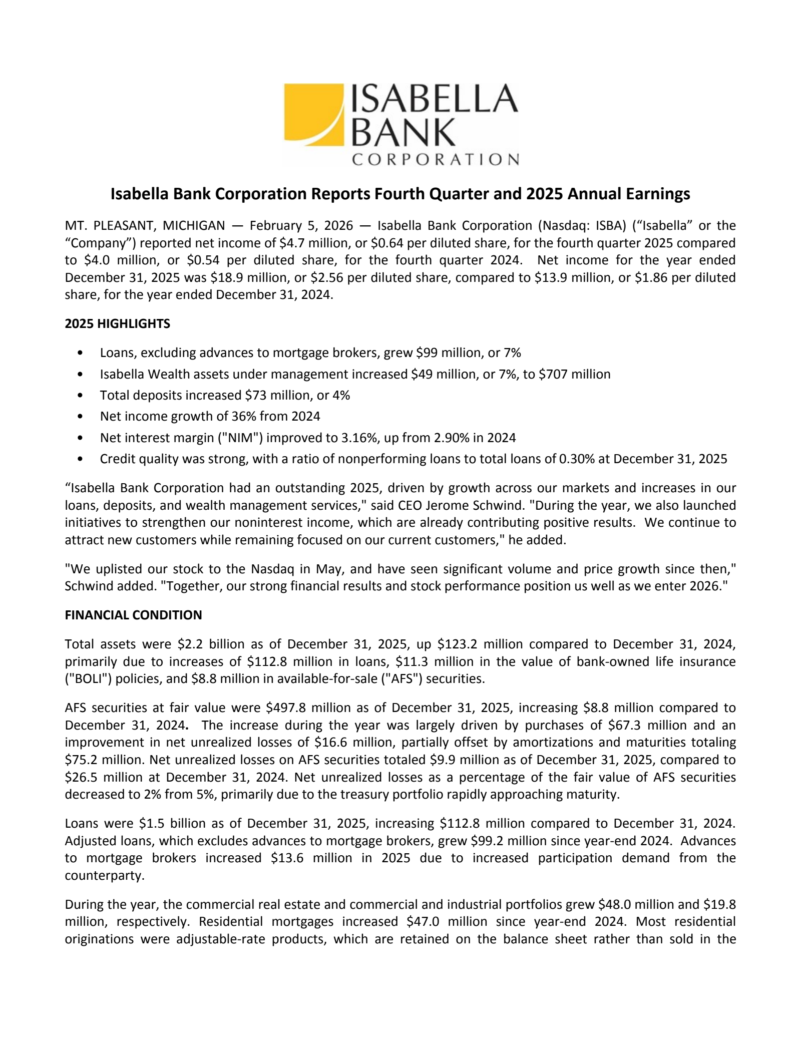 Isabella Bank's Q4 2025 Press Release