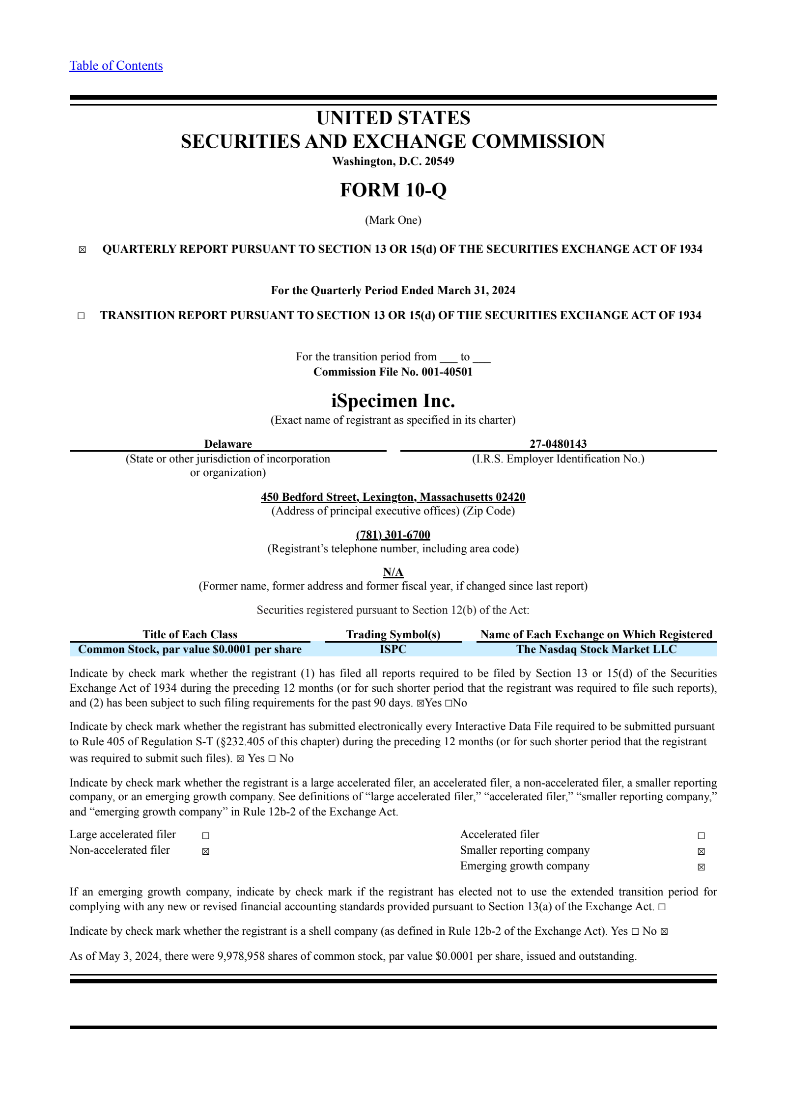 iSpecimen's Q1 2024 Quarterly report