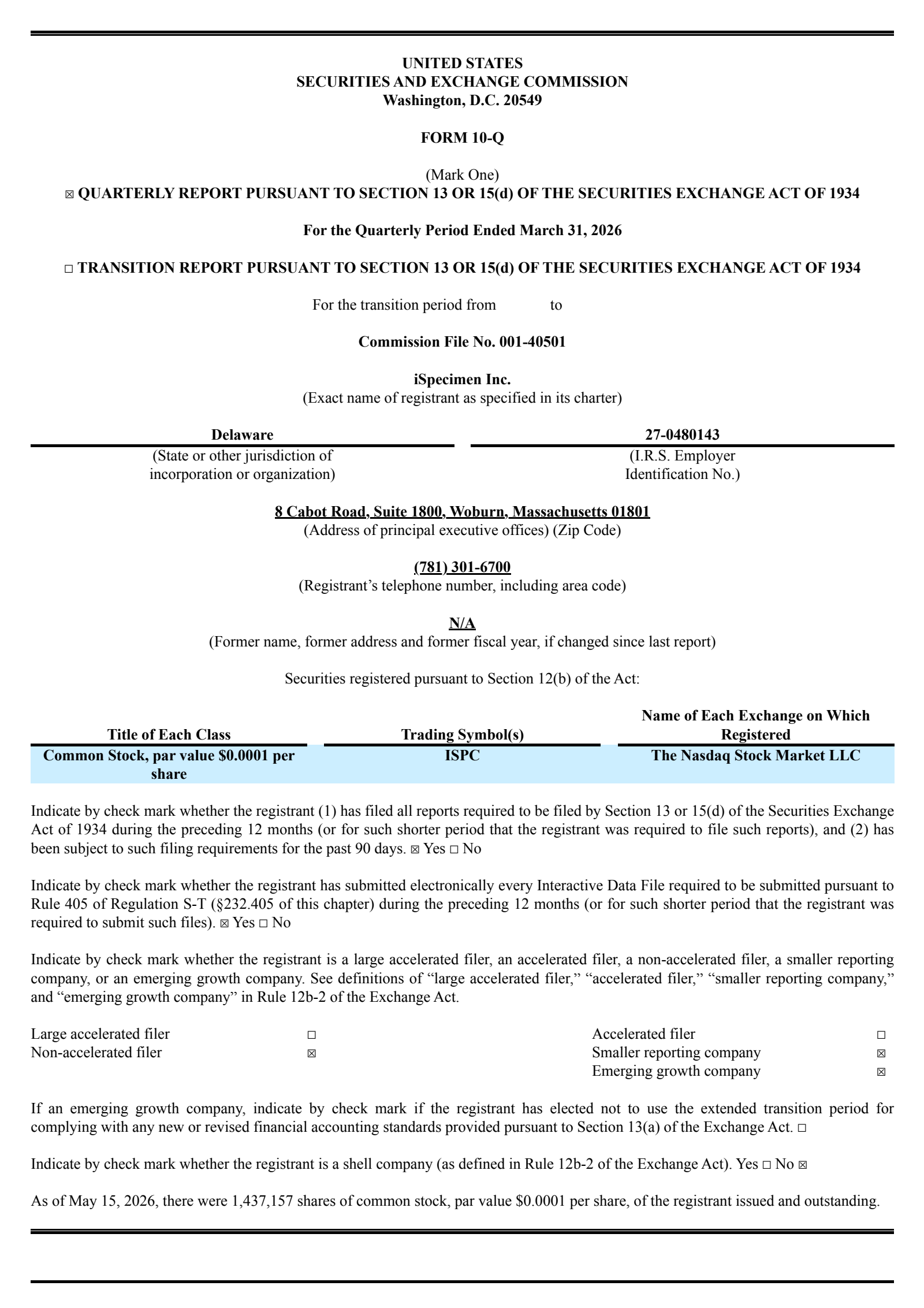 iSpecimen's Q1 2026 Quarterly report