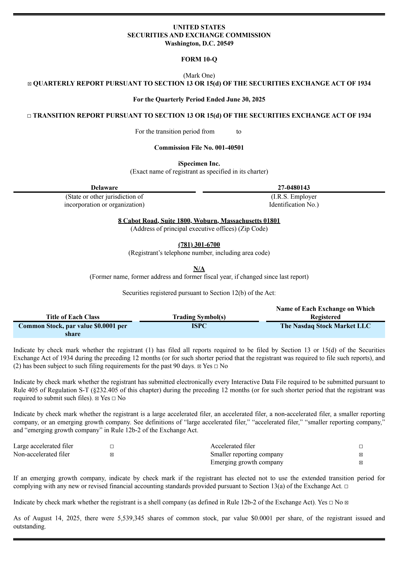 iSpecimen's Q2 2025 Quarterly report