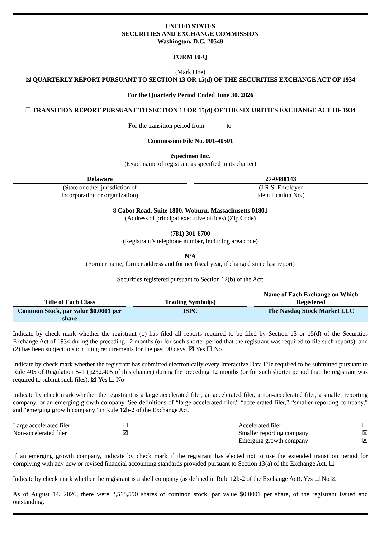 iSpecimen's Q2 2026 Quarterly report