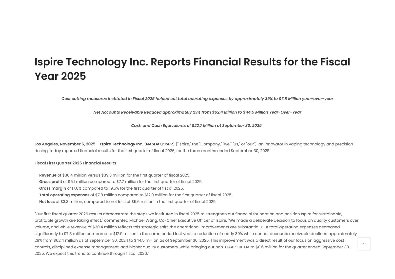 Ispire Technology's Q1 2026 Earnings Release