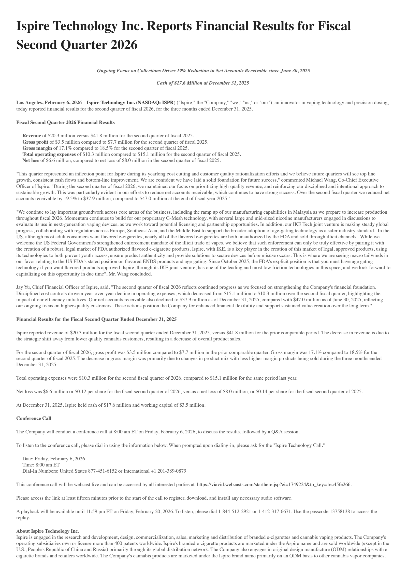 Ispire Technology's Q2 2026 Press Release