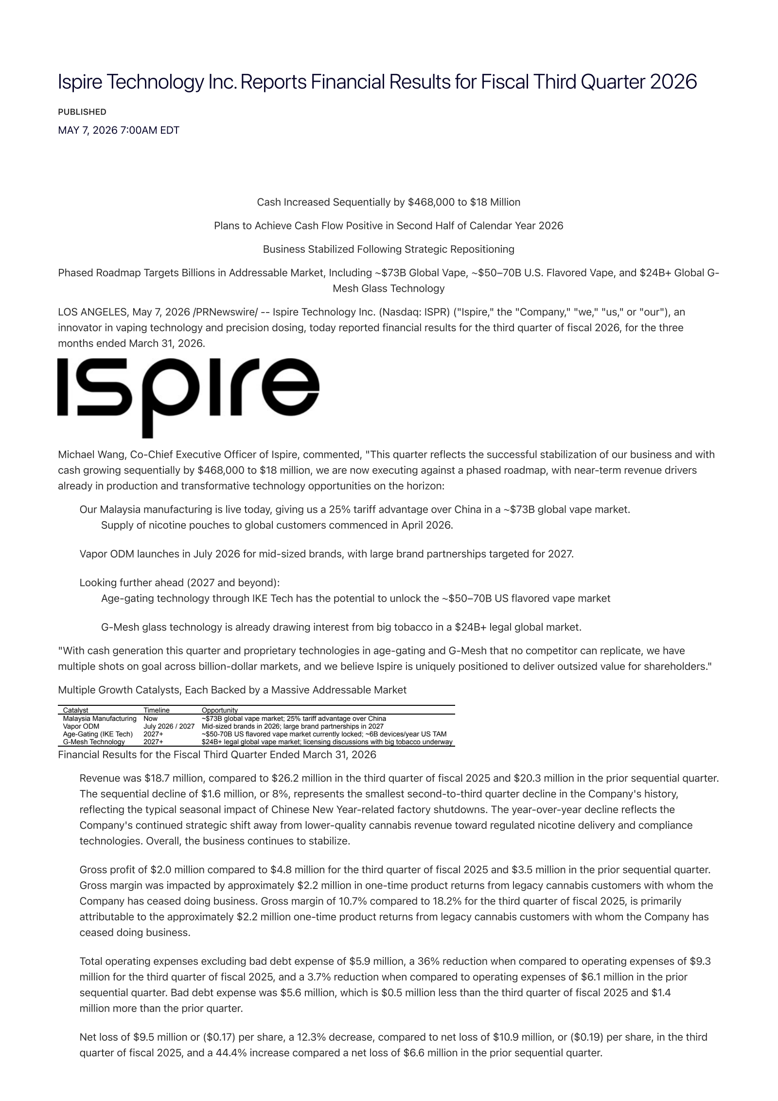 Ispire Technology's Q3 2026 Press Release
