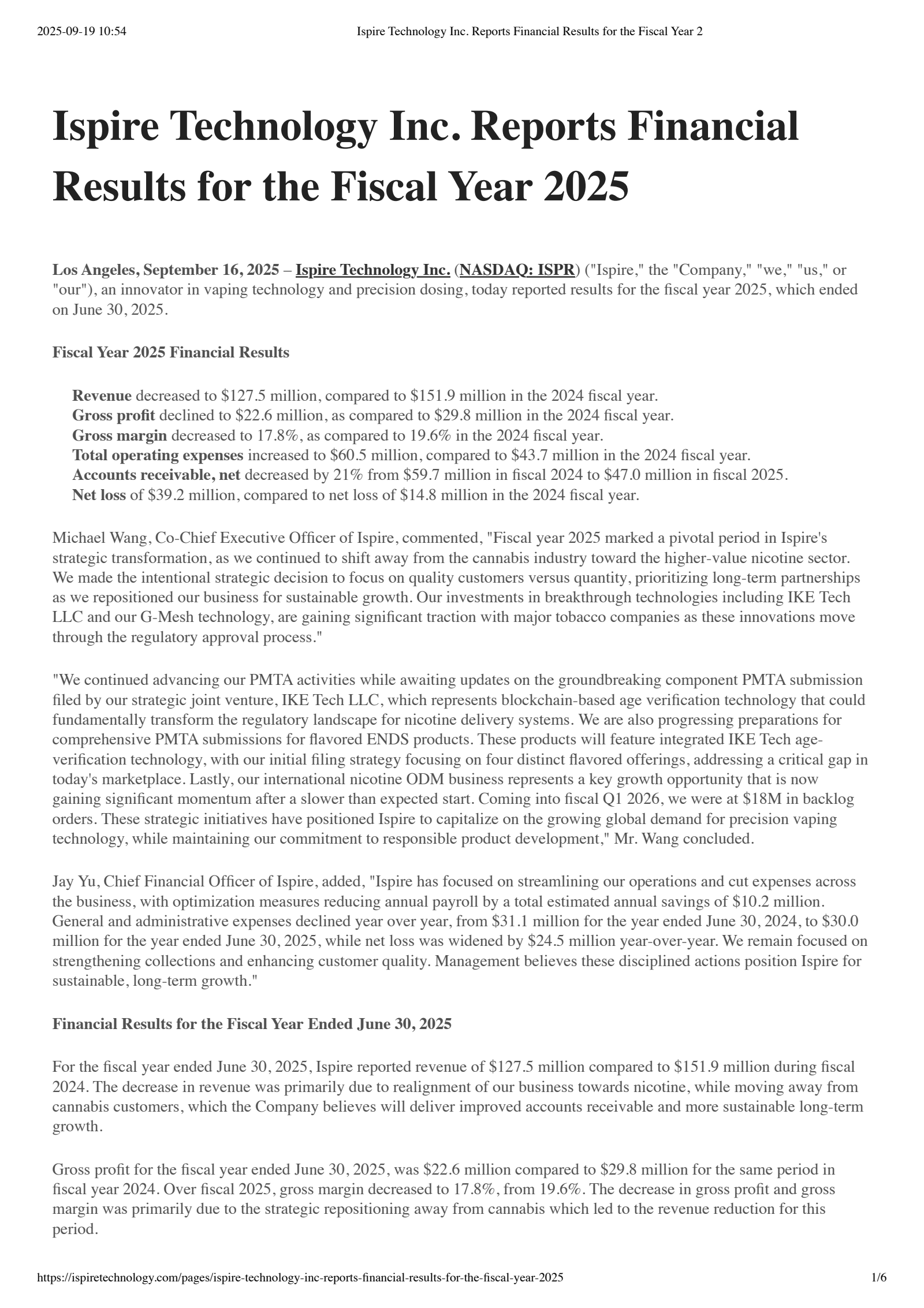 Ispire Technology's Q4 2025 Earnings Release