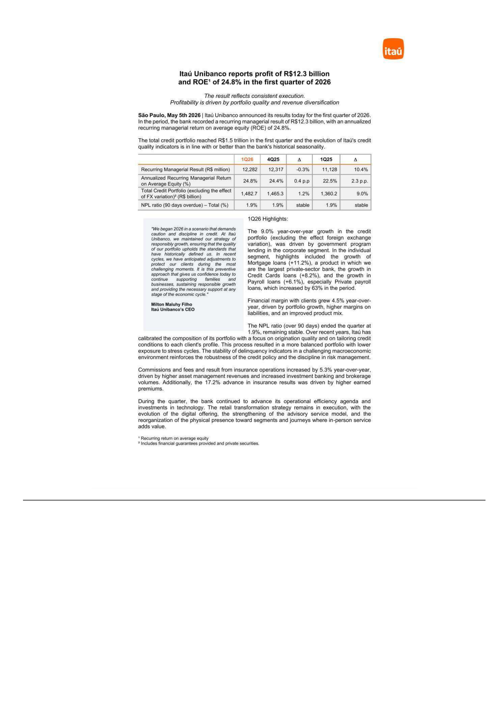 Itau Unibanco's Q1 2026 Press Release