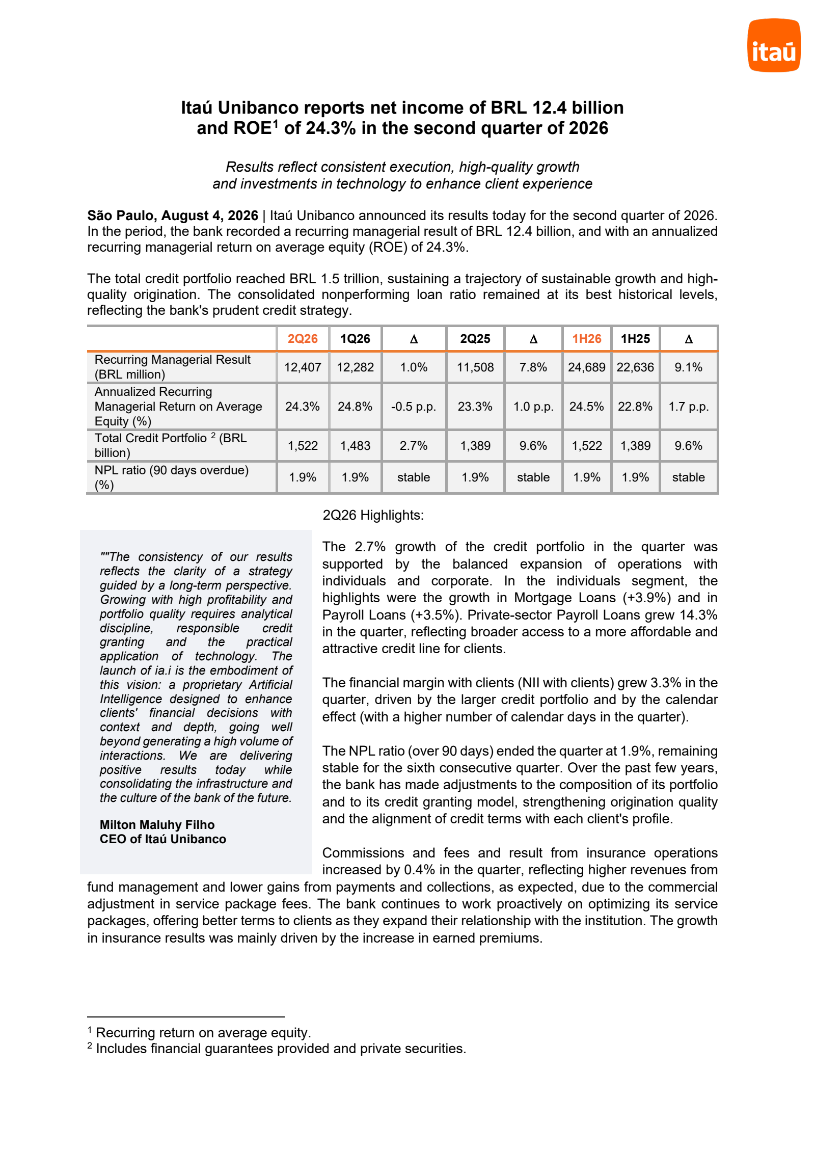 Itau Unibanco's Q2 2026 Press Release