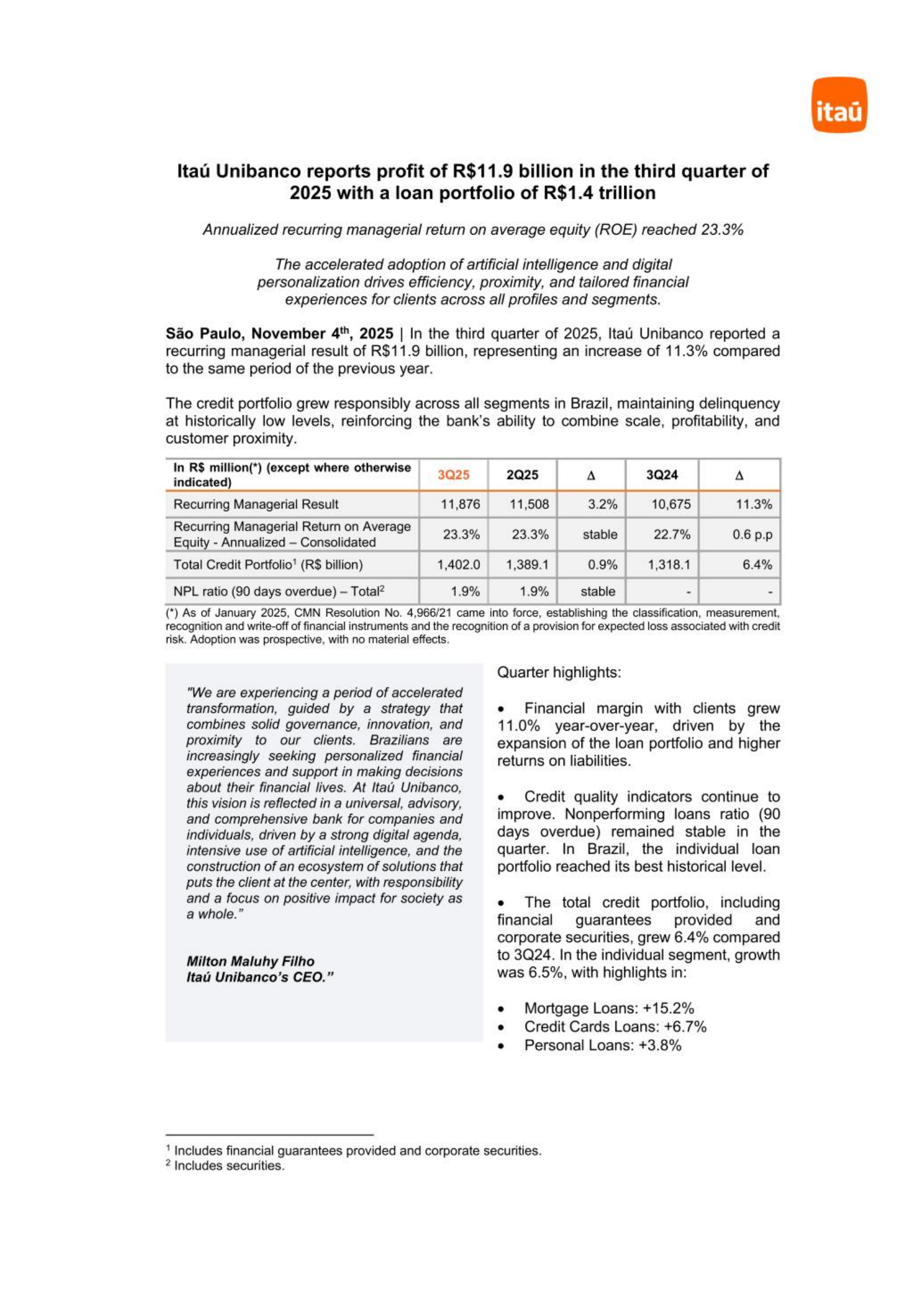 Itau Unibanco's Q3 2025 Earnings Release