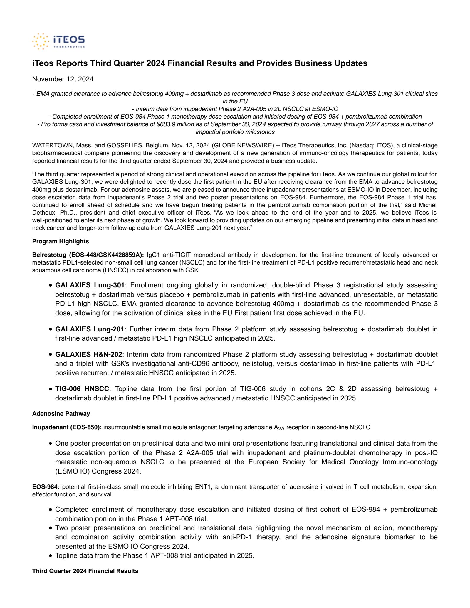 iTeos Therapeutics' Q3 2024 Press Release