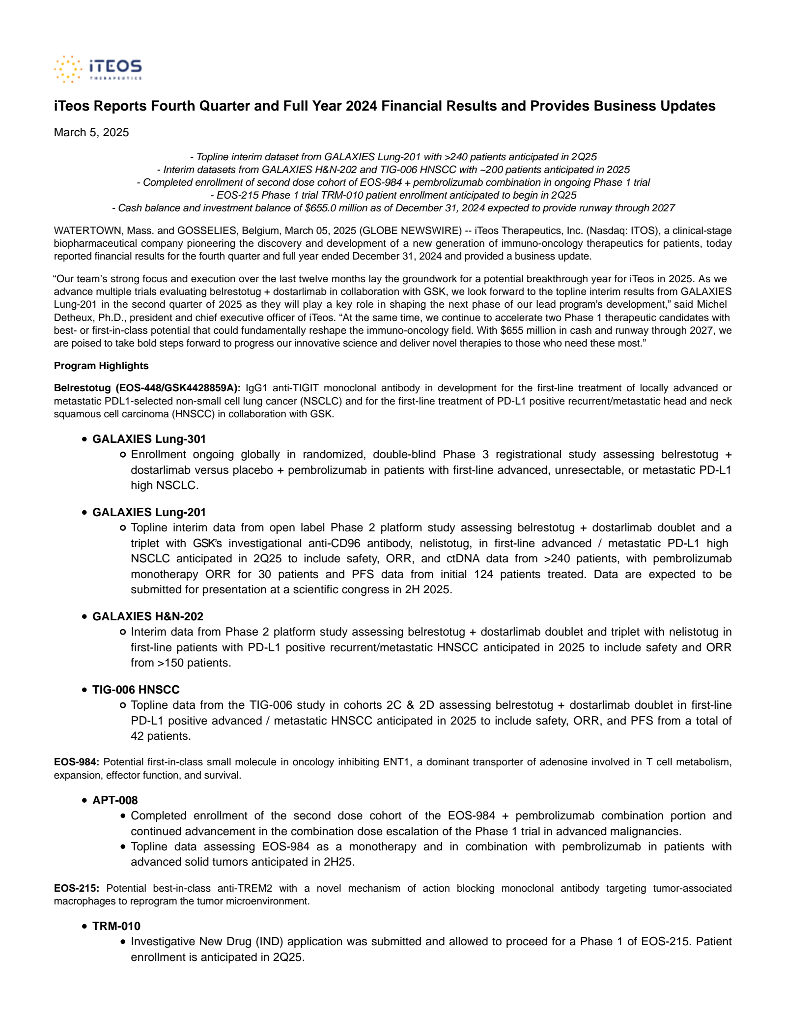 iTeos Therapeutics' Q4 2024 Press Release