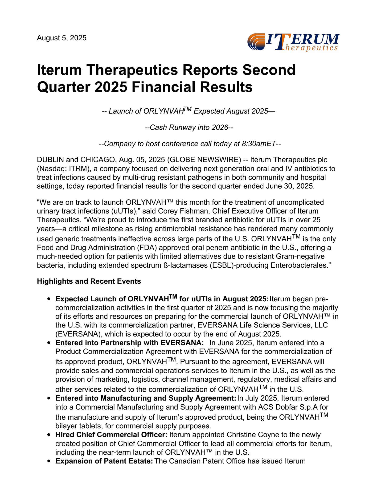 Iterum Therapeutics' Q2 2025 Press Release