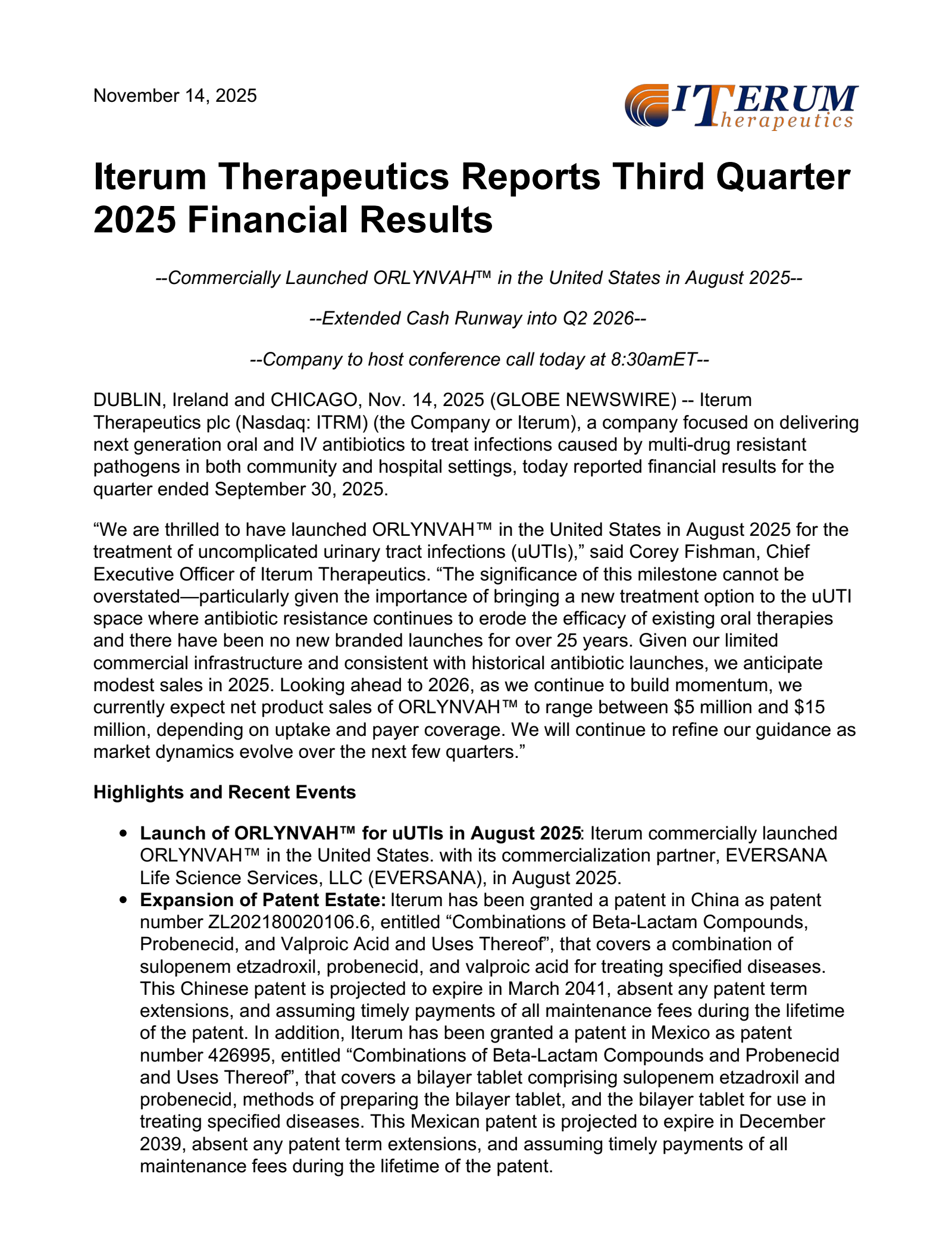 Iterum Therapeutics' Q3 2025 Earnings Release