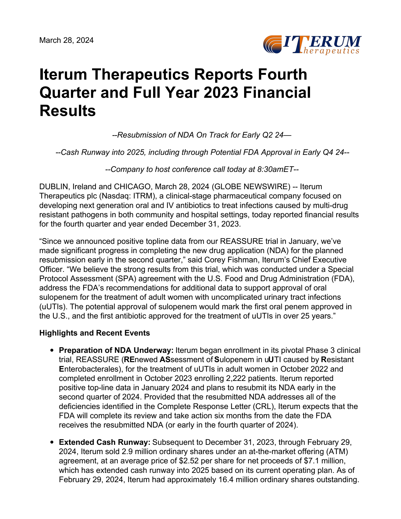 Iterum Therapeutics' Q4 2023 Press Release