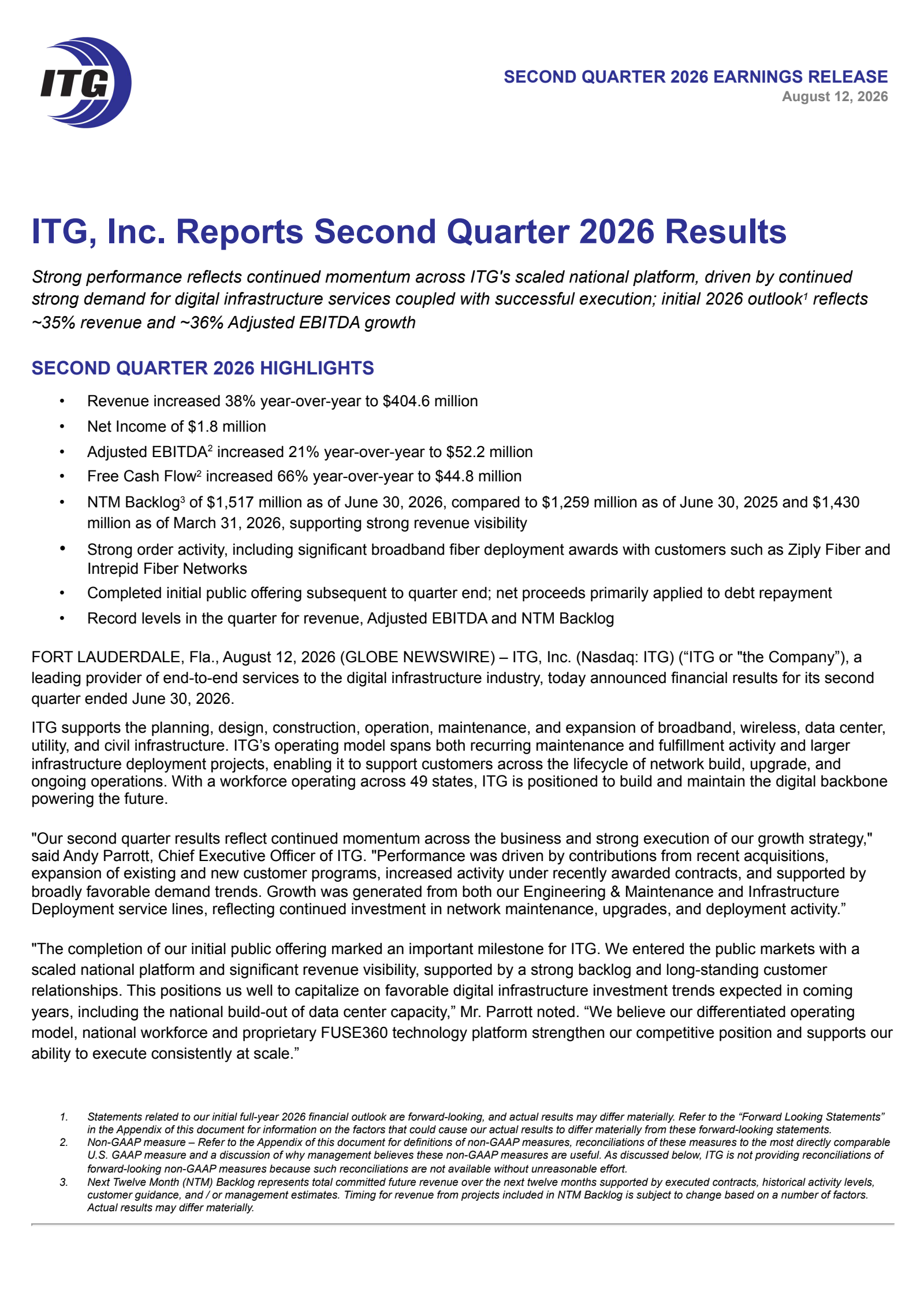 ITG's Q2 2026 Press Release