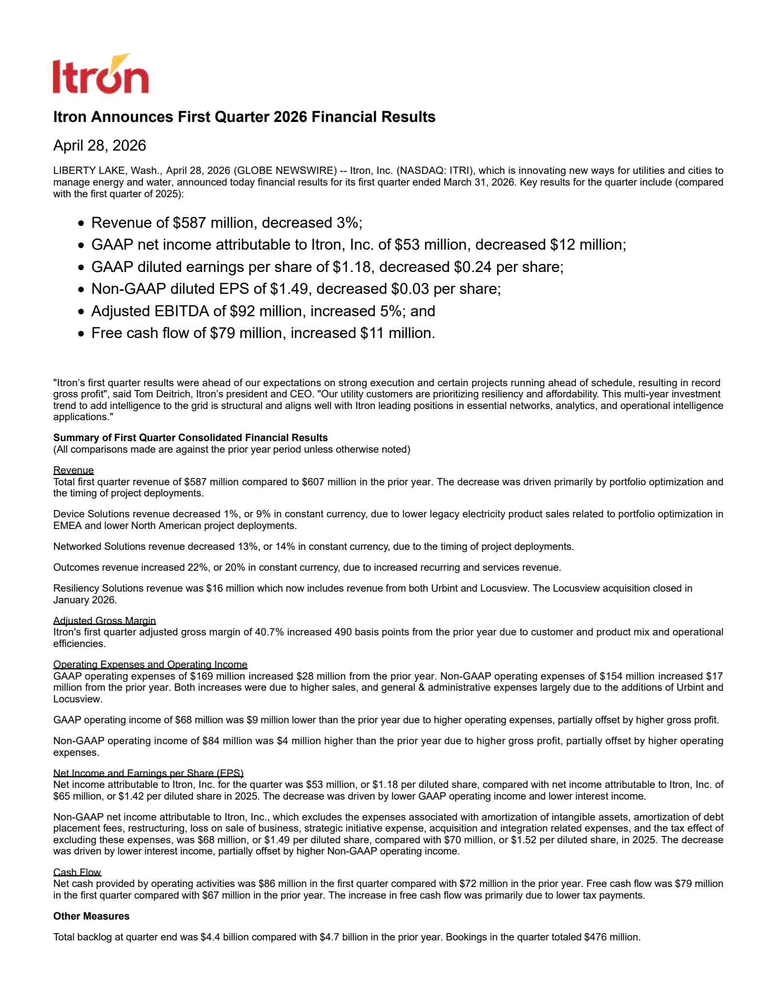 Itron's Q1 2026 Press Release