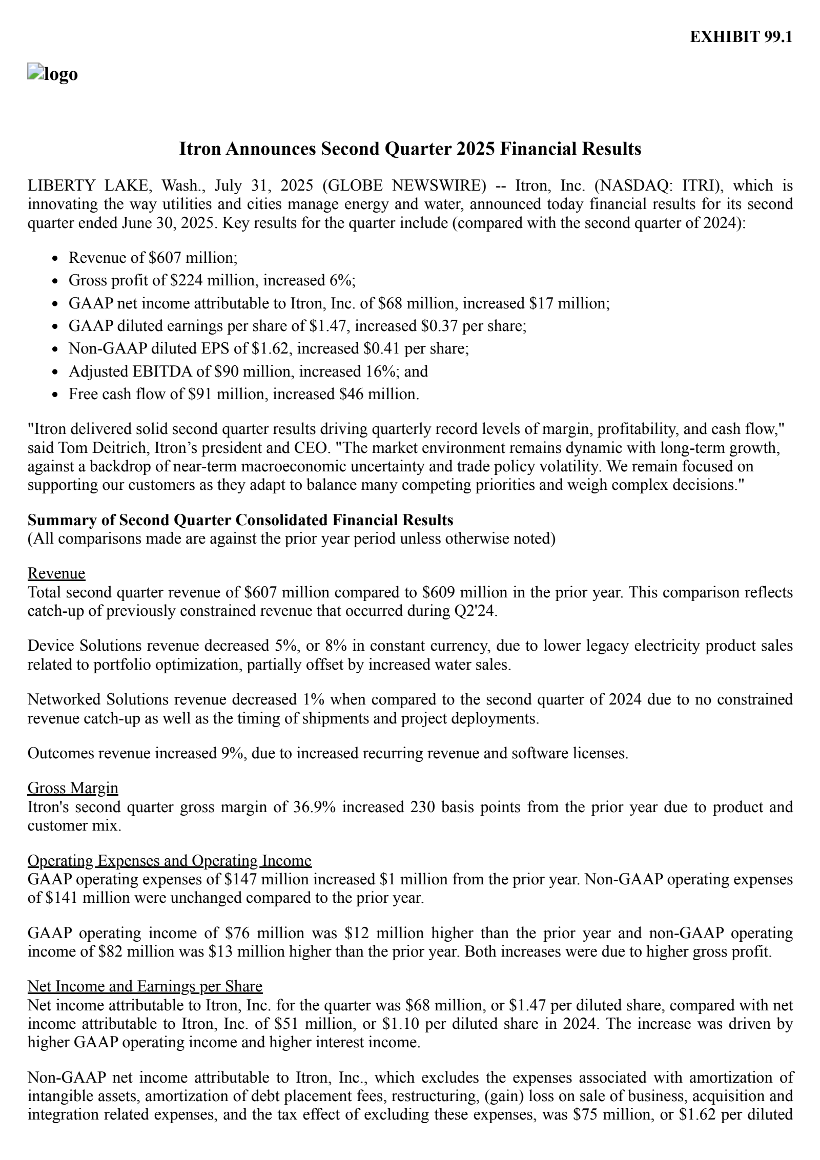 Itron's Q2 2025 Press Release