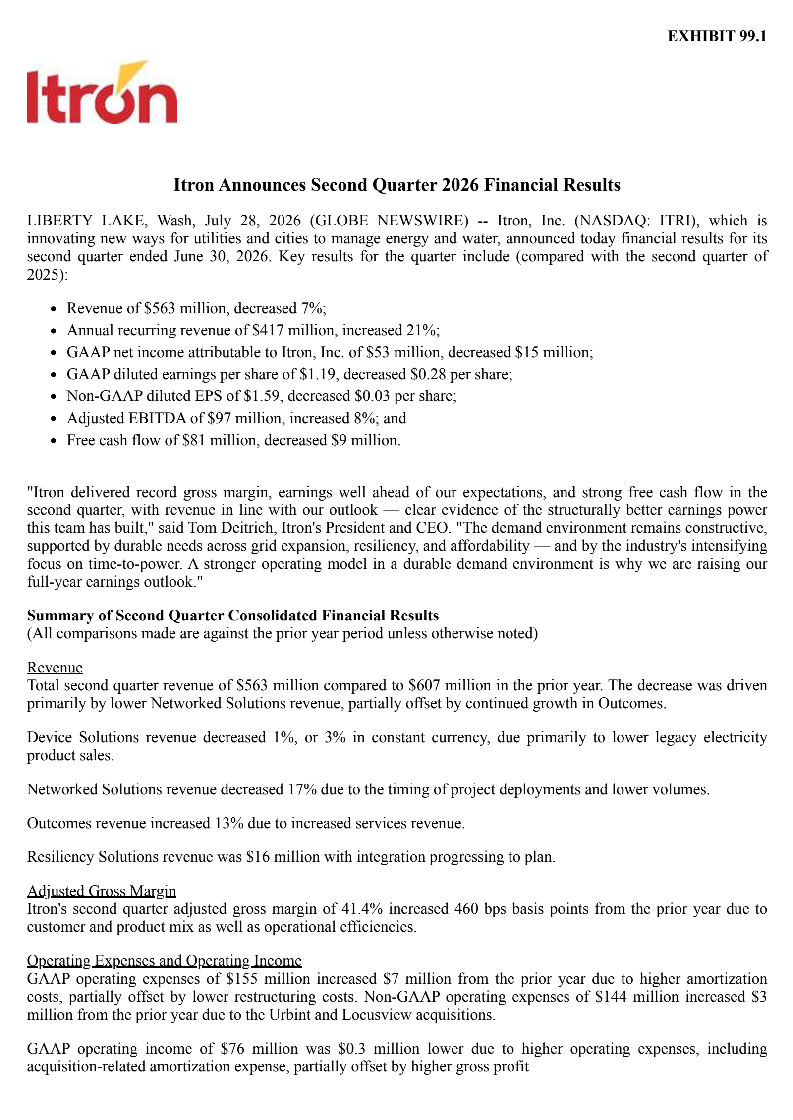 Itron's Q2 2026 Press Release