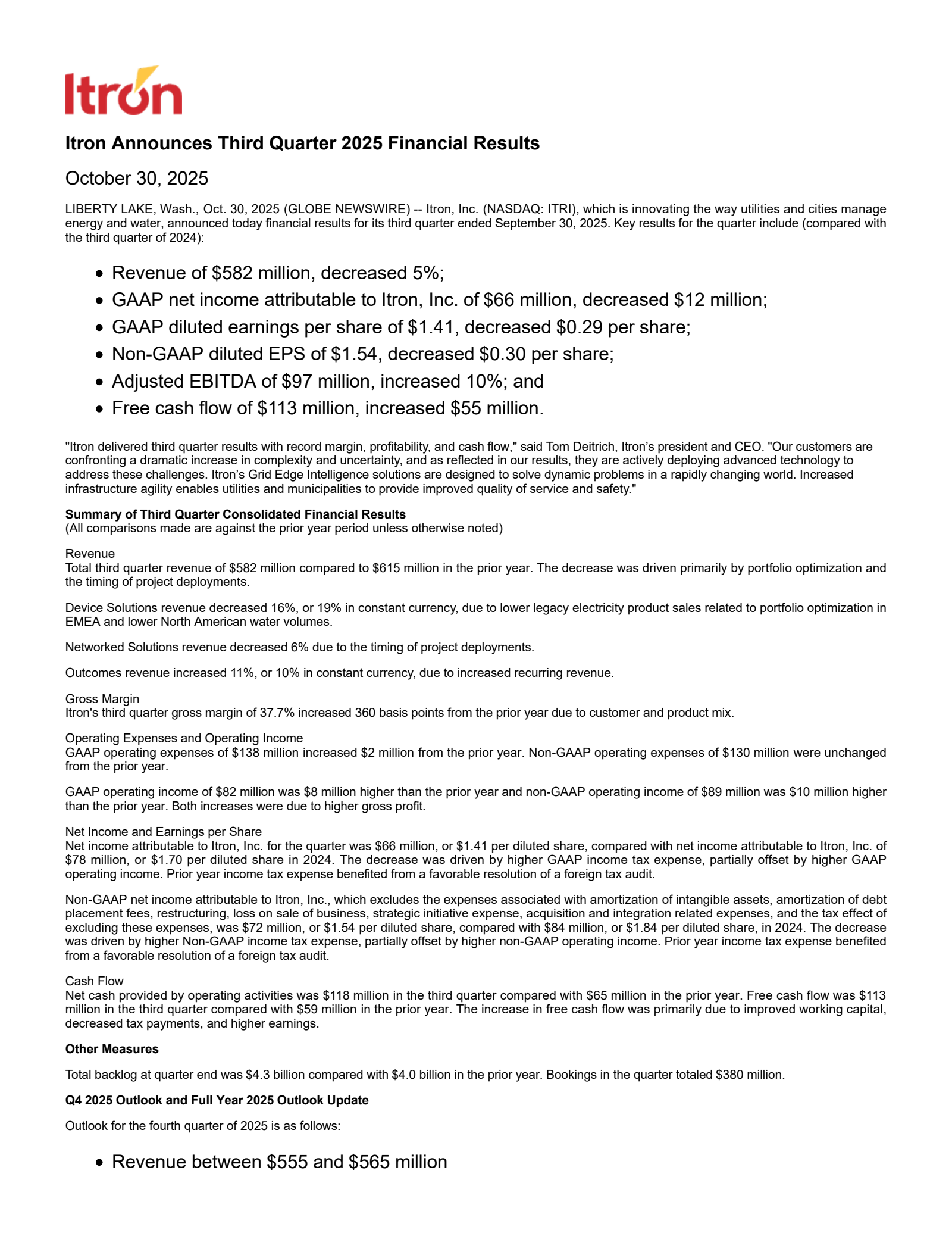 Itron's Q3 2025 Earnings Release