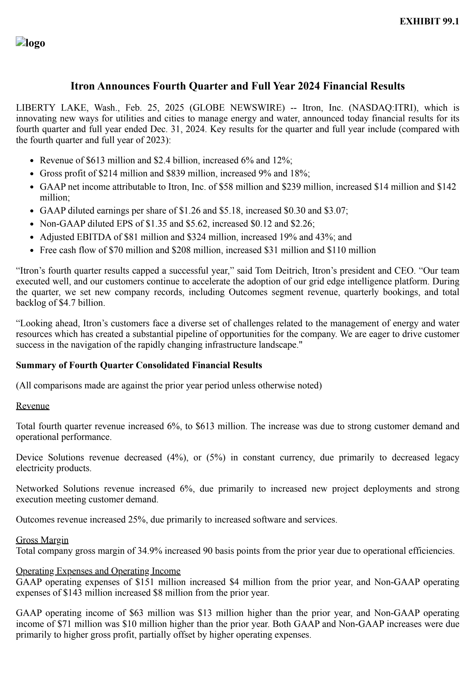 Itron's Q4 2024 Press Release