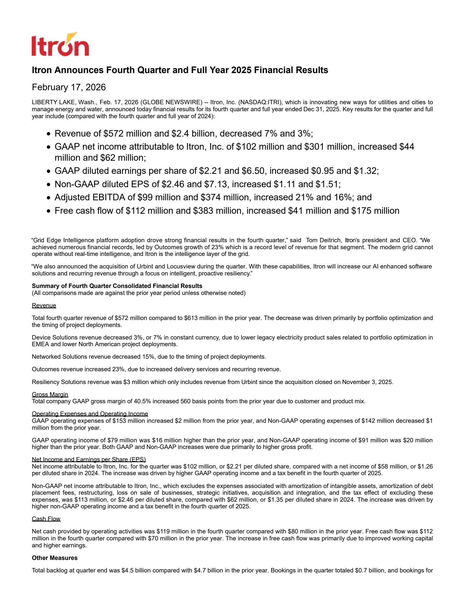 Itron's Q4 2025 Press Release