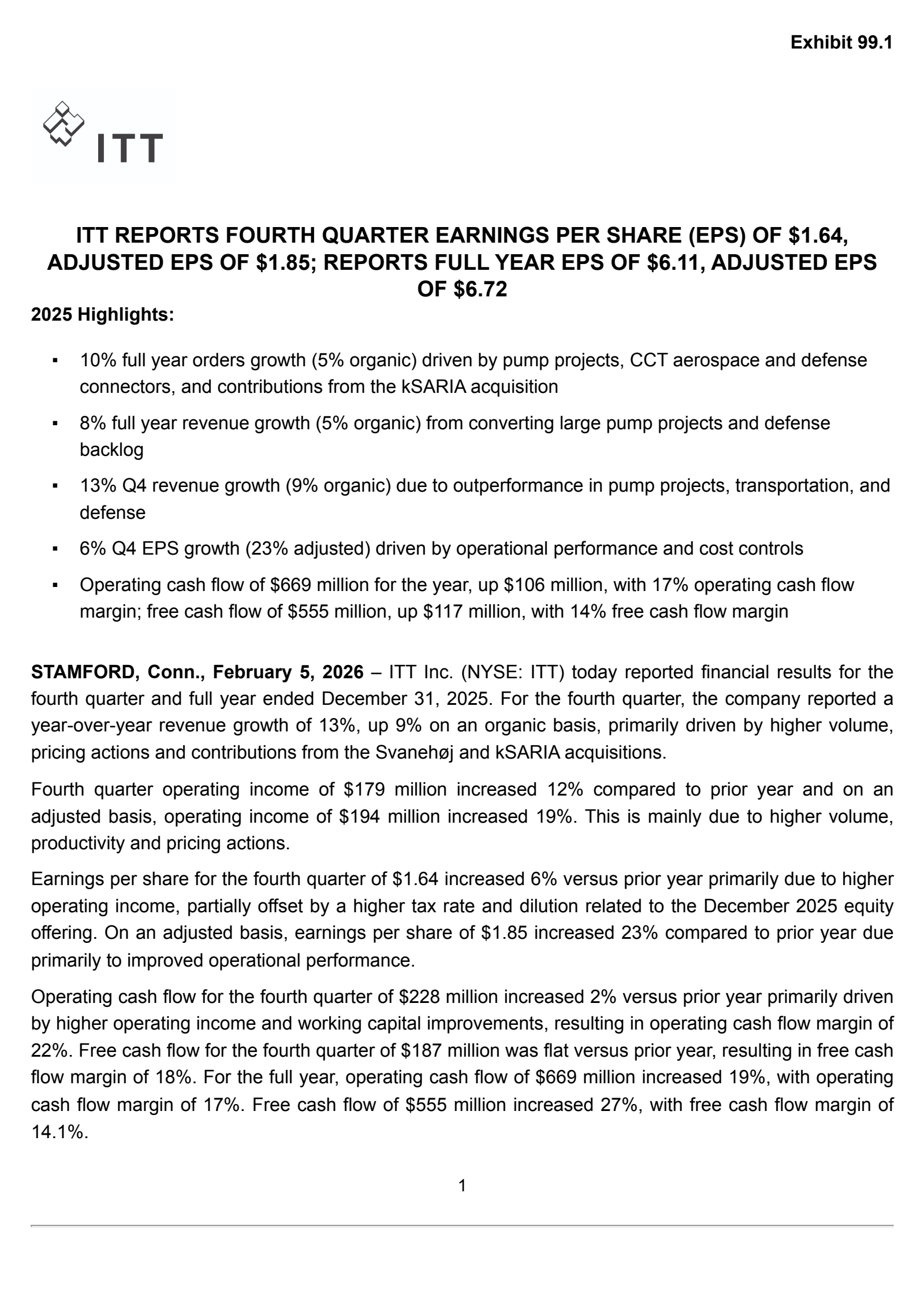 ITT's Q4 2025 Press Release