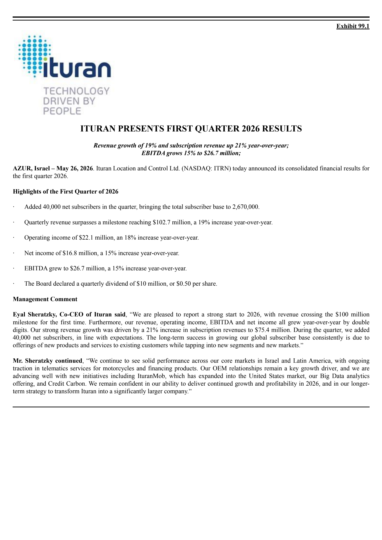 Ituran Location and Control's Q1 2026 Press Release