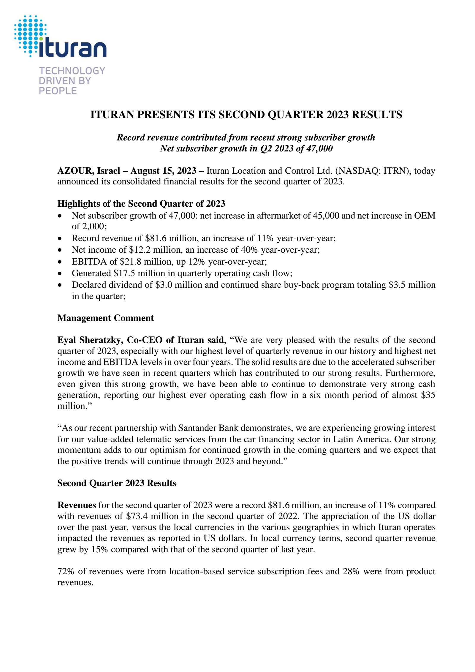 Ituran Location and Control's Q2 2023 Press Release