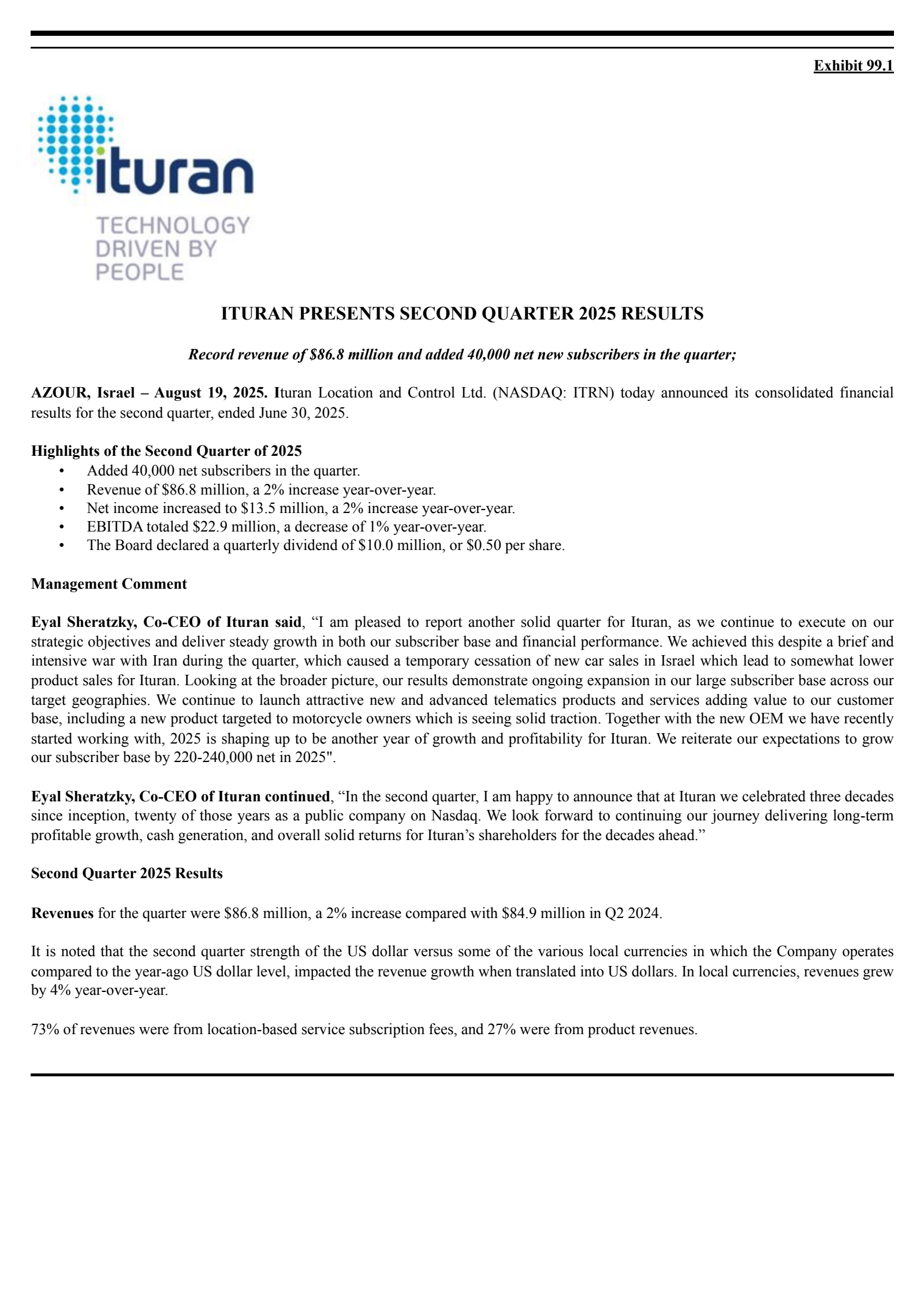 Ituran Location and Control's Q2 2025 Press Release