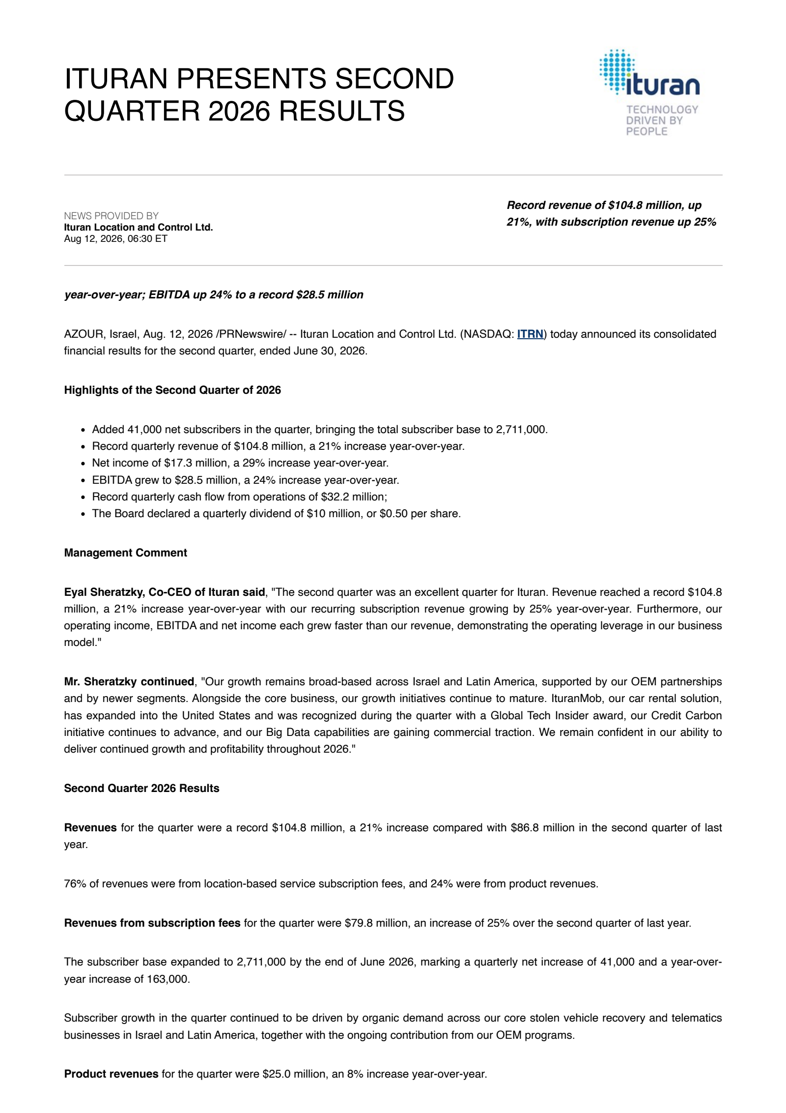 Ituran Location and Control's Q2 2026 Press Release