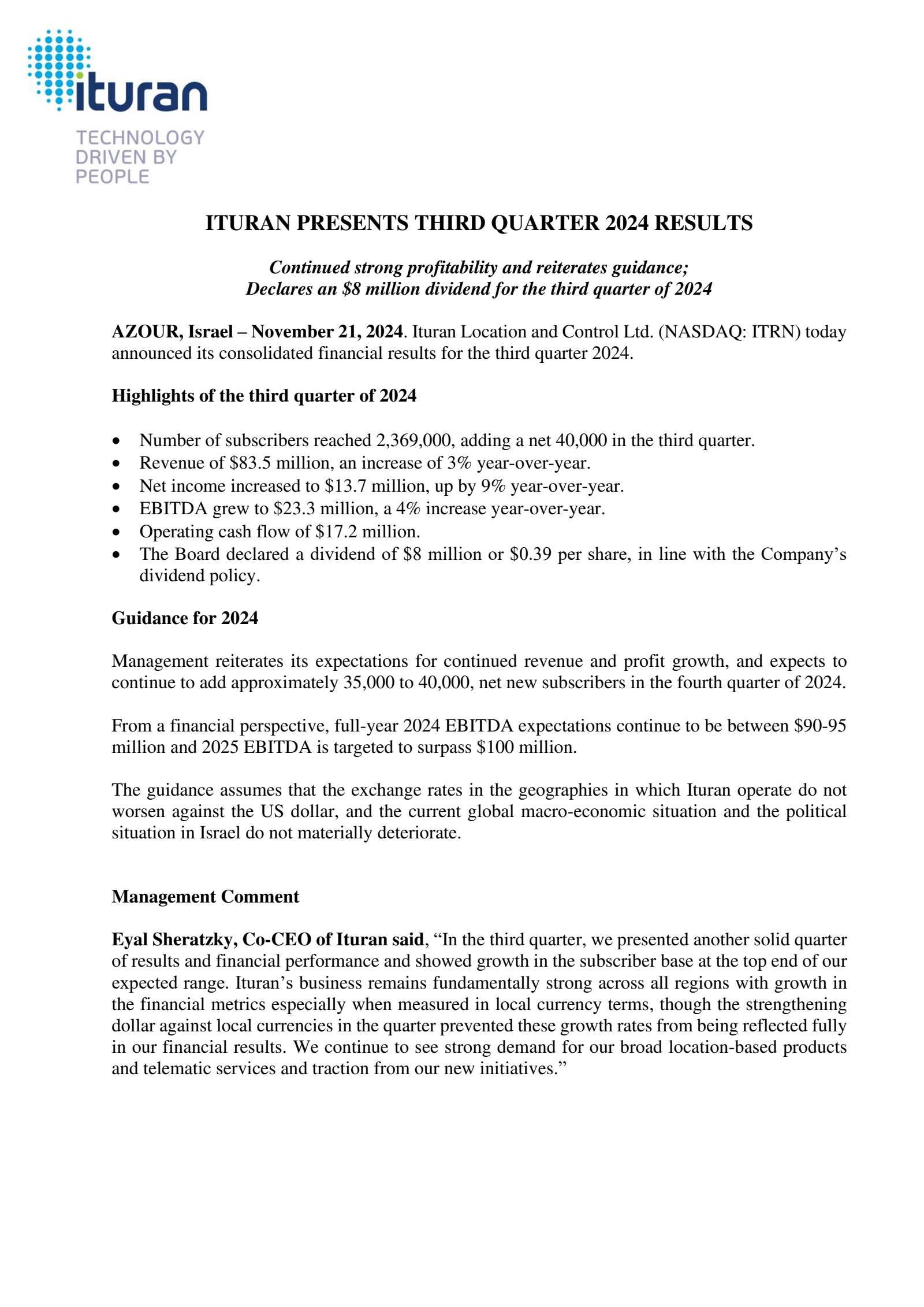 Ituran Location and Control's Q3 2024 Earnings Release