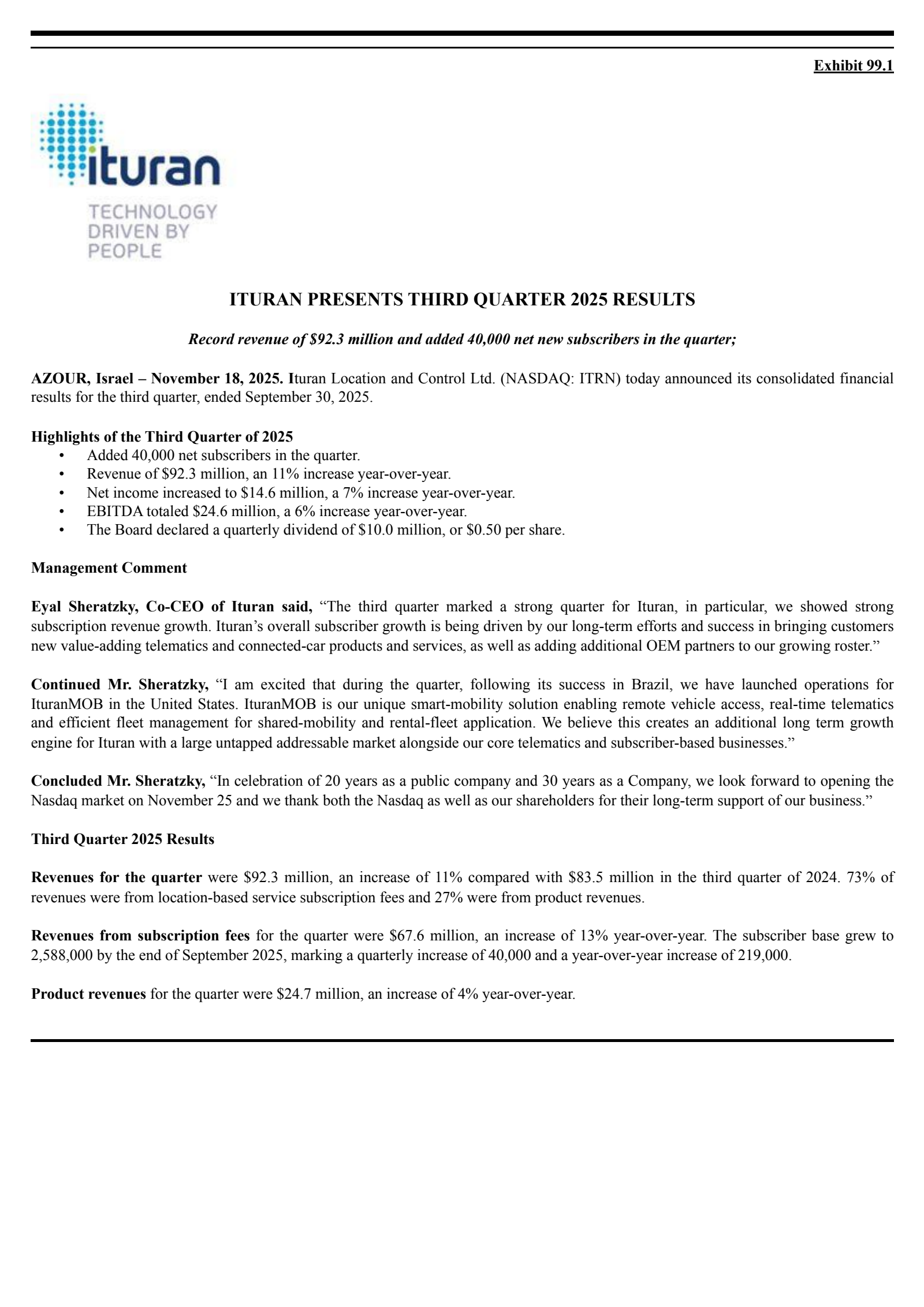 Ituran Location and Control's Q3 2025 Earnings Release