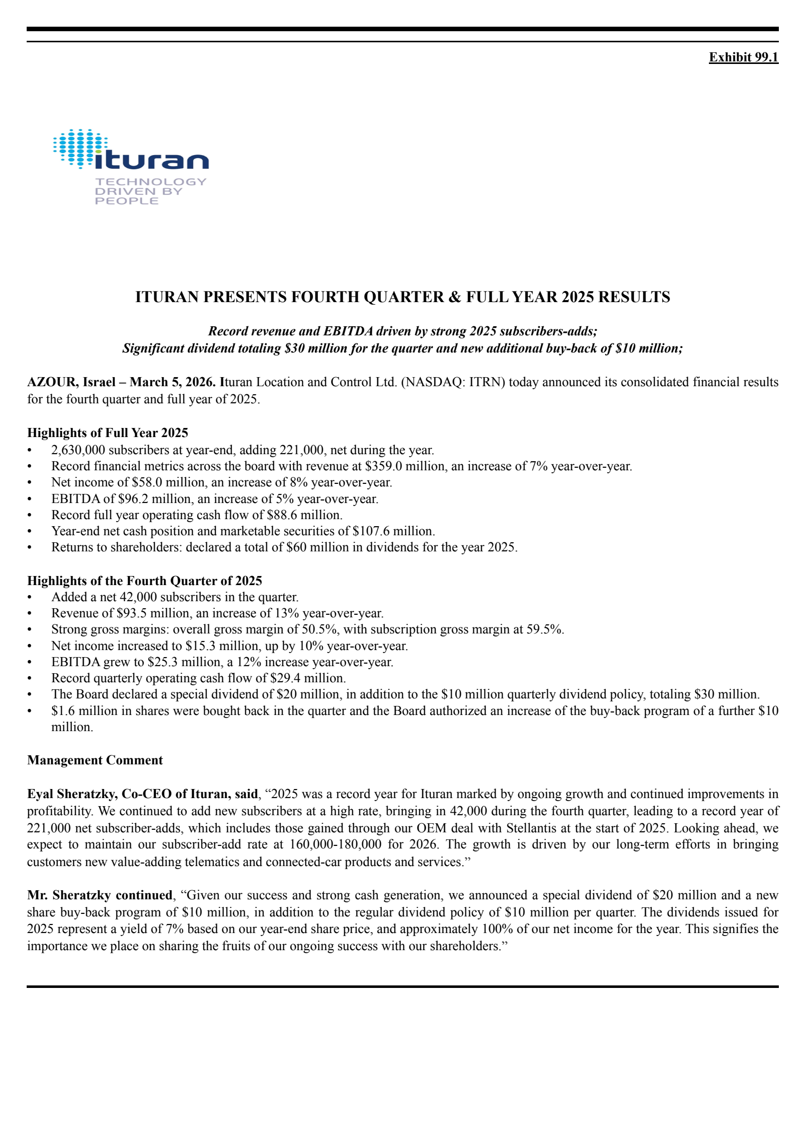Ituran Location and Control's Q4 2025 Press Release