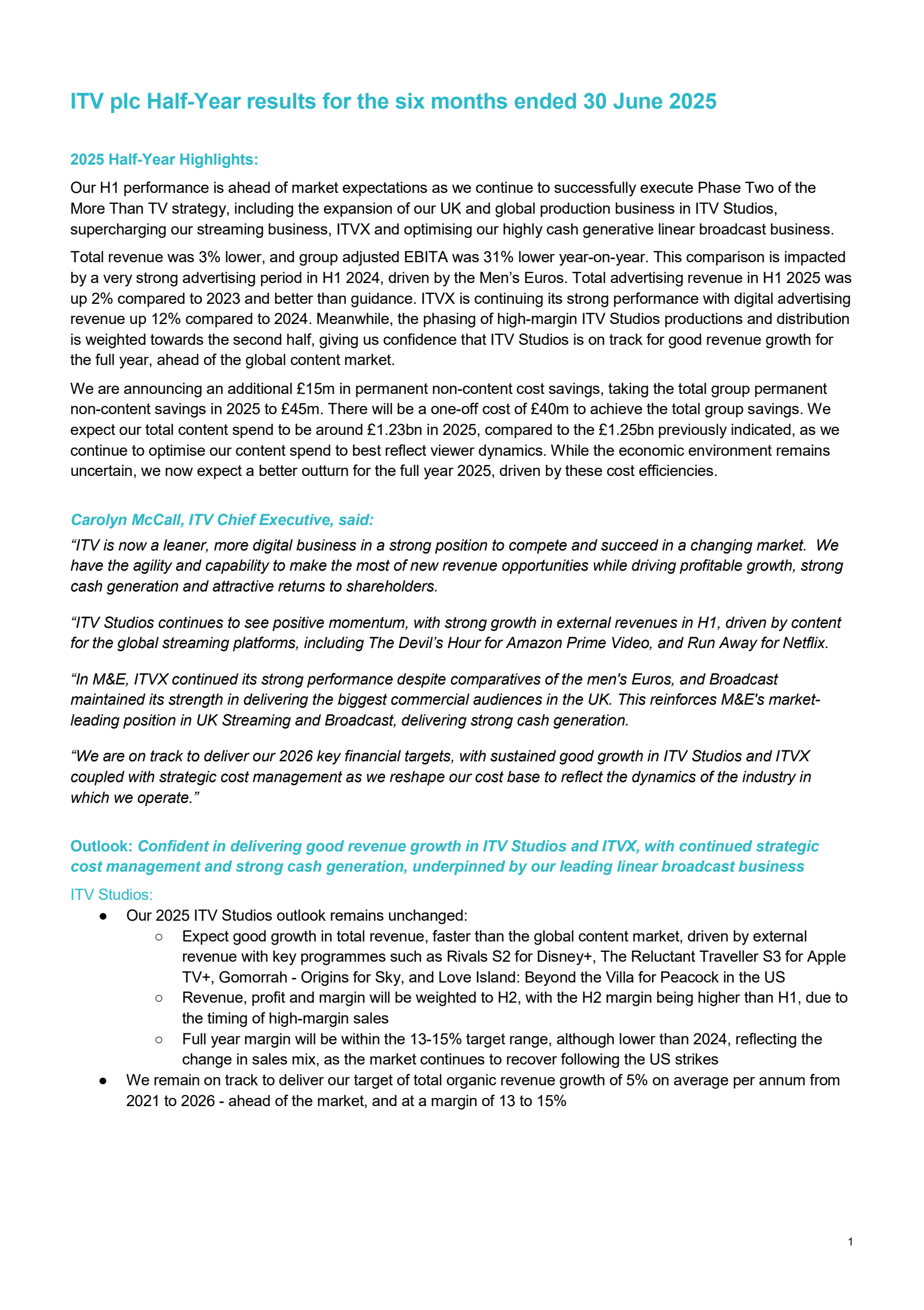 ITV's H1 2025 Interim report