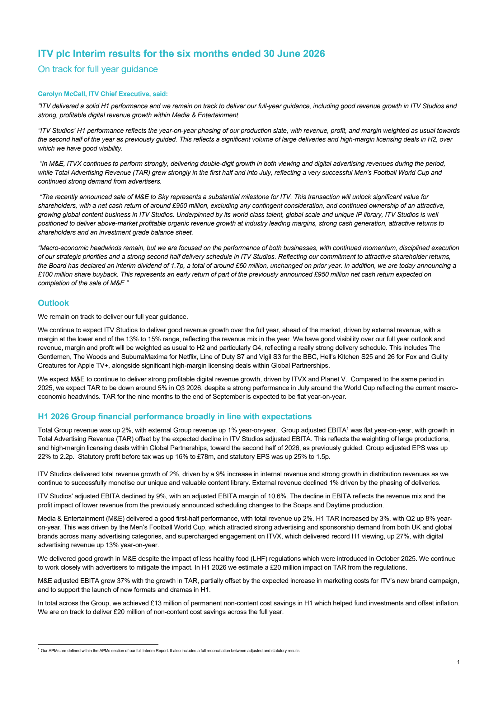 ITV's Q2 2026 Interim report