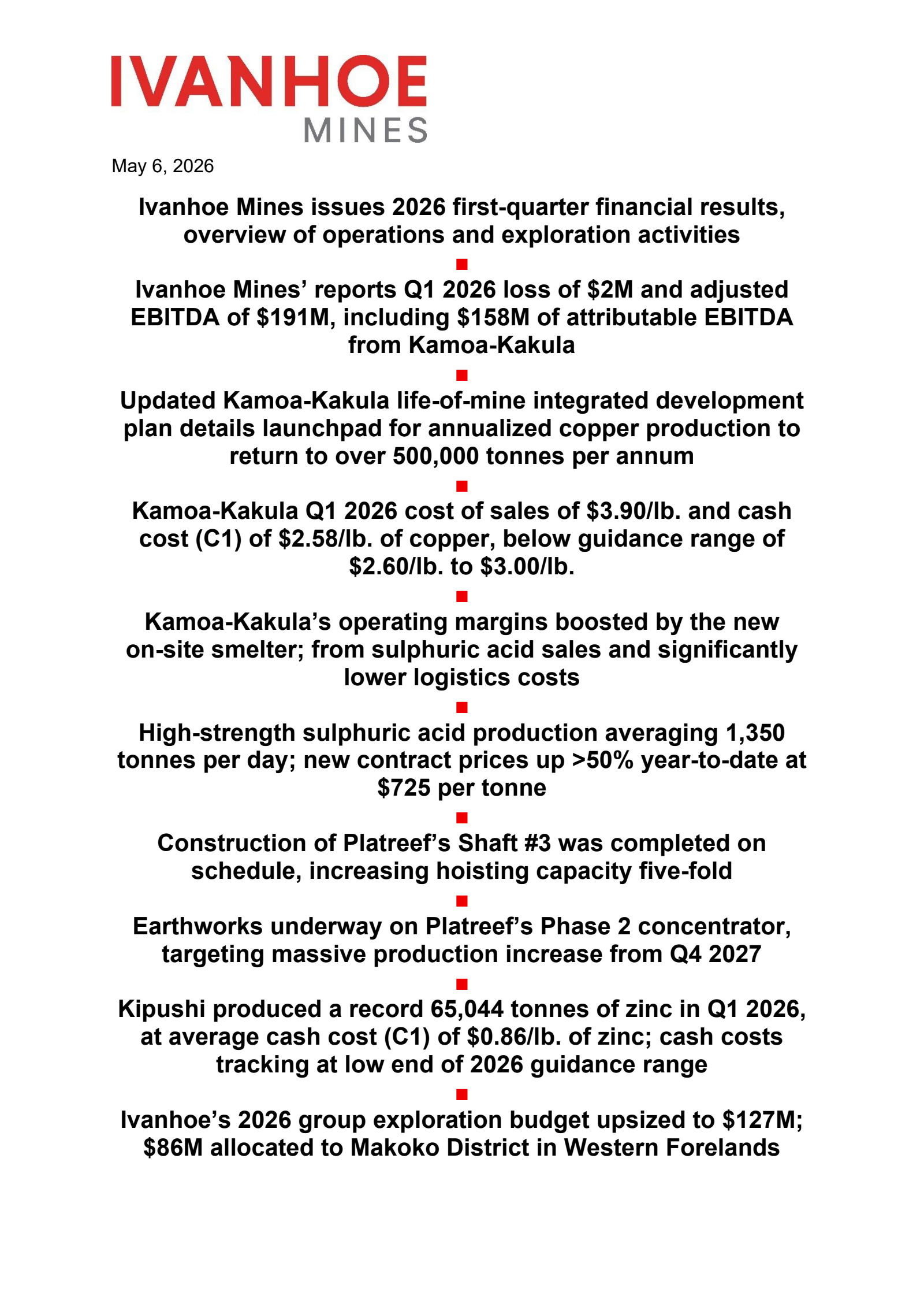 Ivanhoe Mines' Q1 2026 Press Release