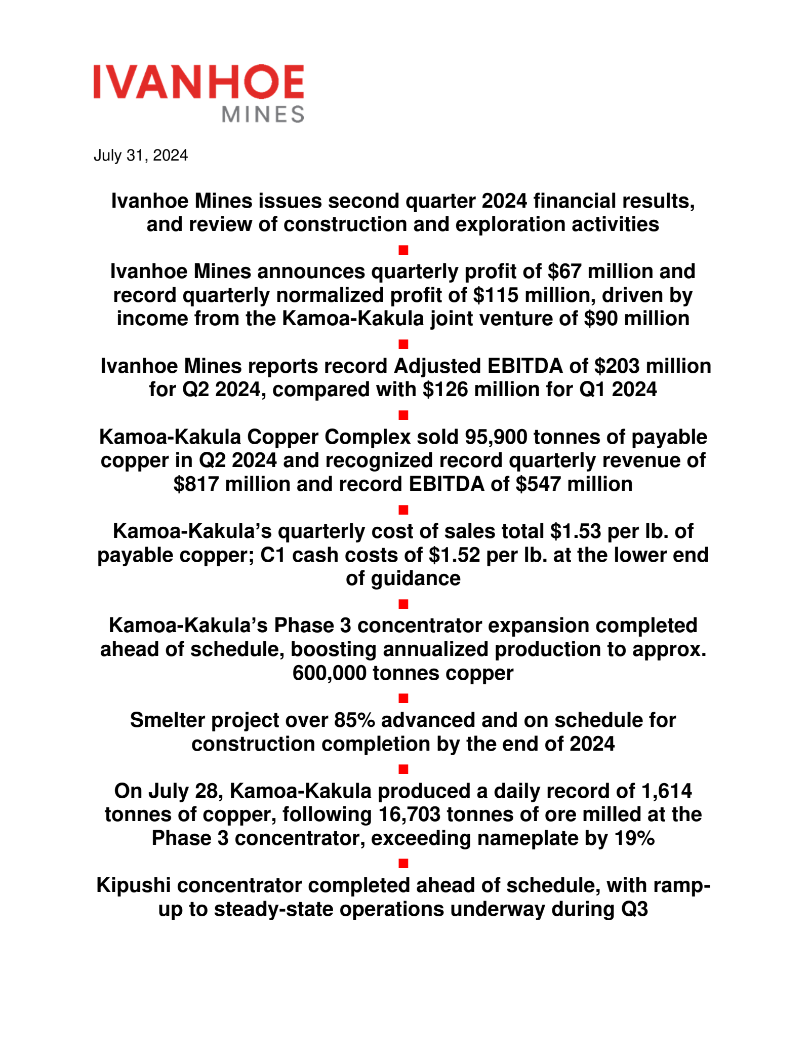 Ivanhoe Mines' Q2 2024 Press Release
