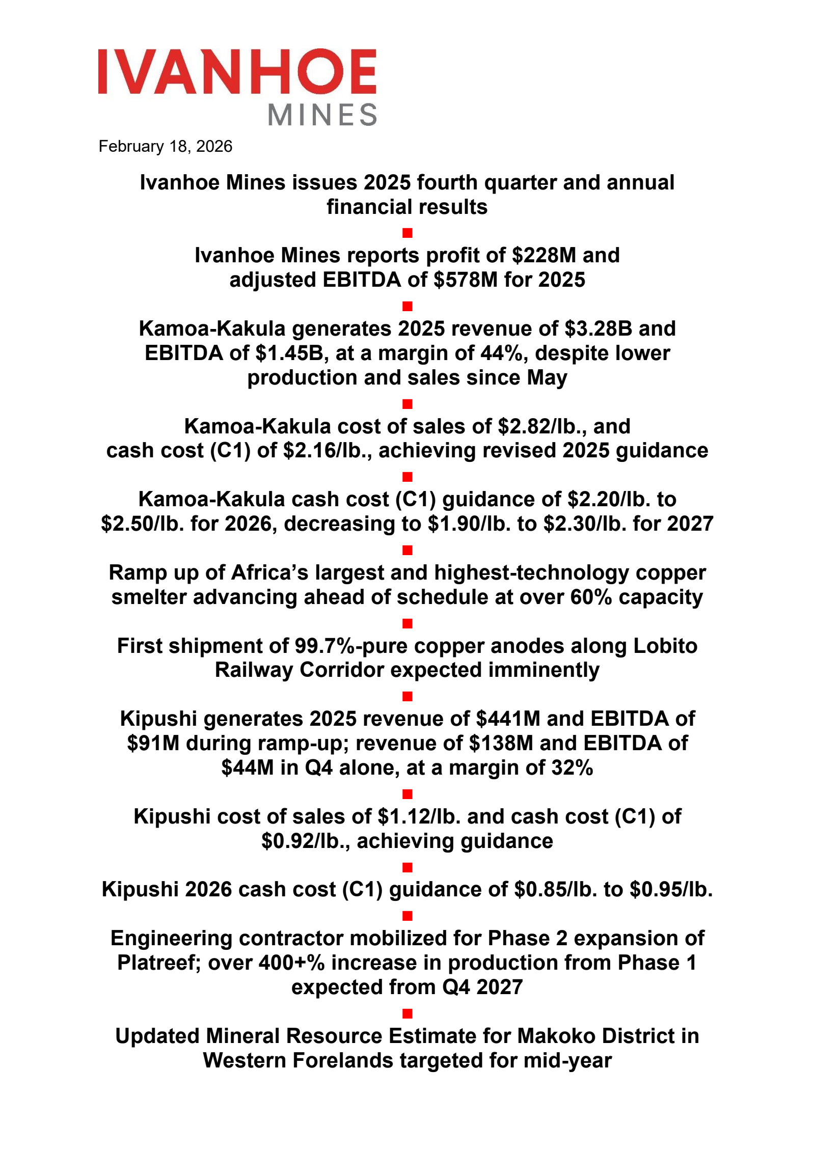 Ivanhoe Mines' Q4 2025 Press Release