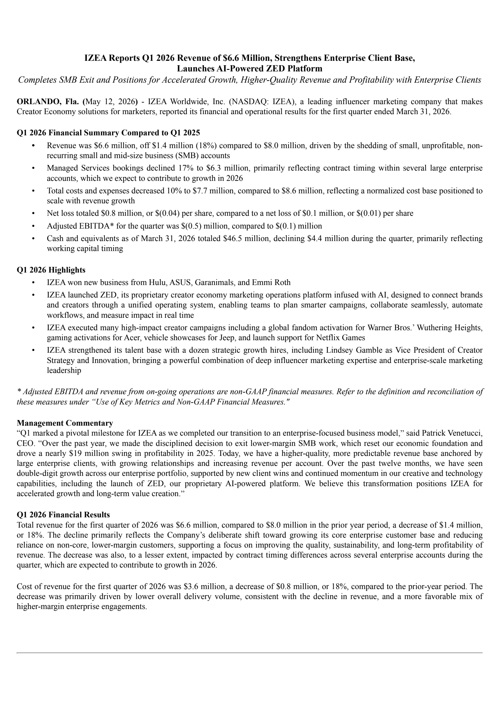 Izea Worldwide's Q1 2026 Press Release