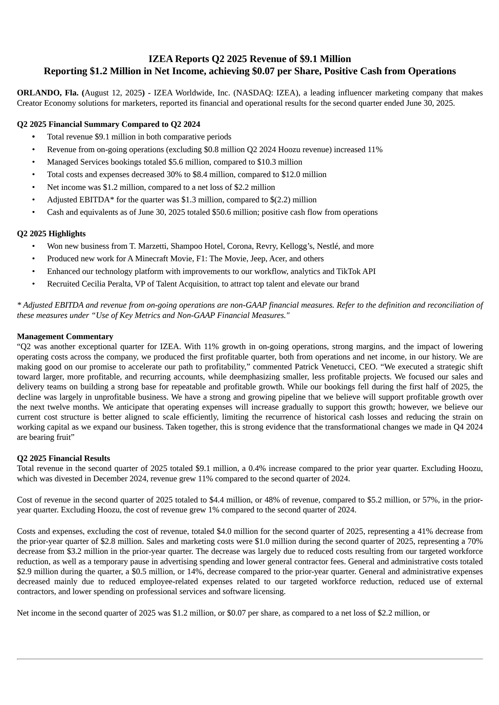 IZEA WORLDWIDE's Q2 2025 Press Release