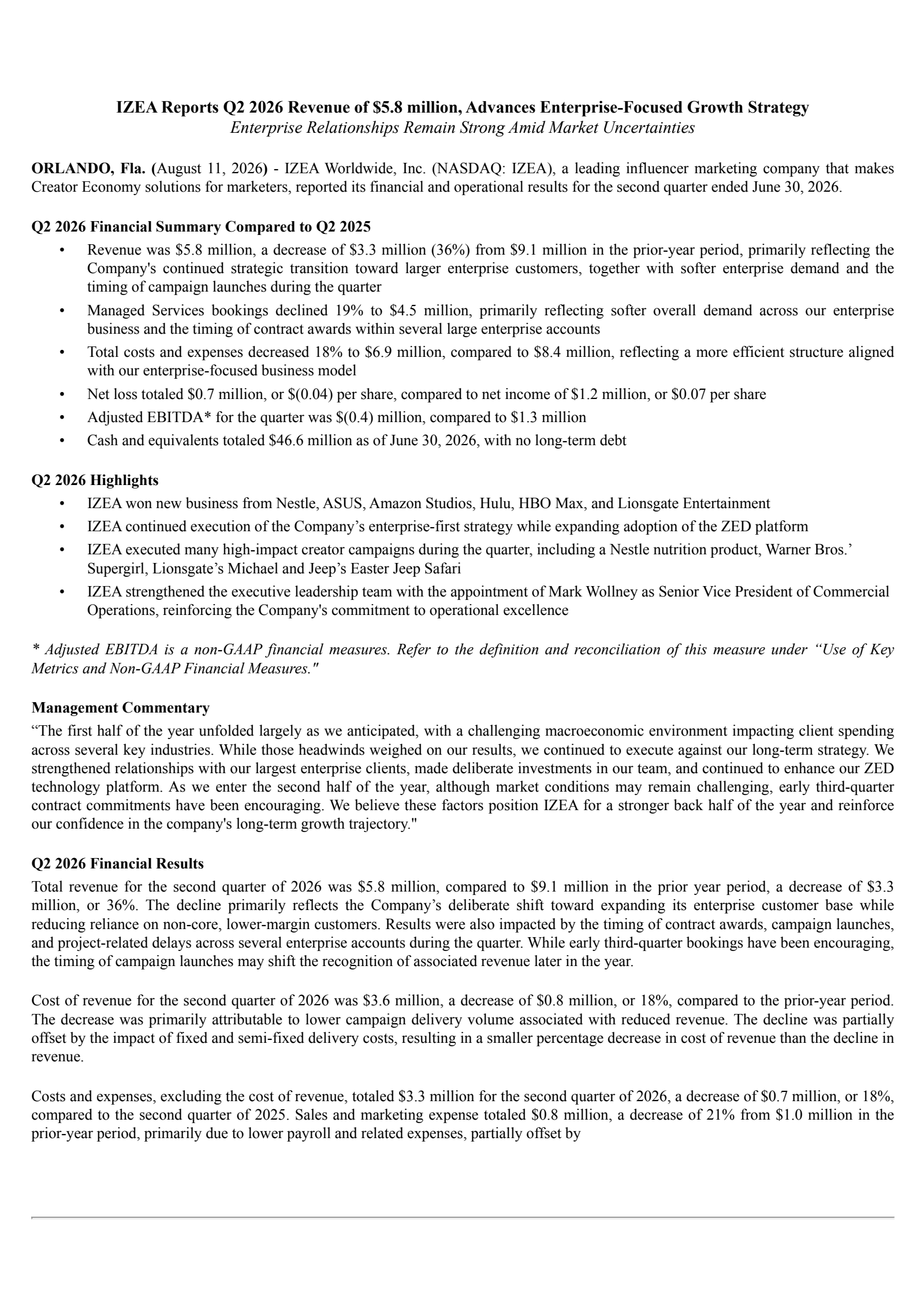 Izea Worldwide's Q2 2026 Press Release