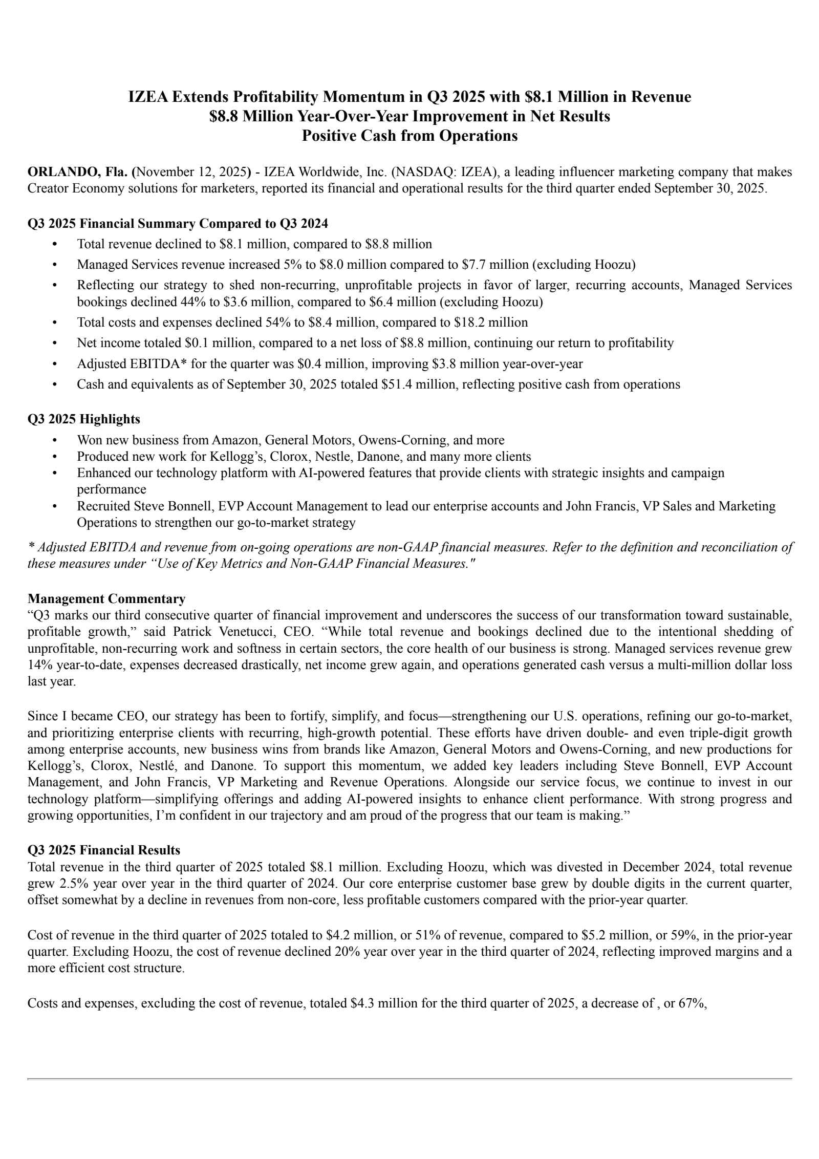 Izea Worldwide's Q3 2025 Earnings Release