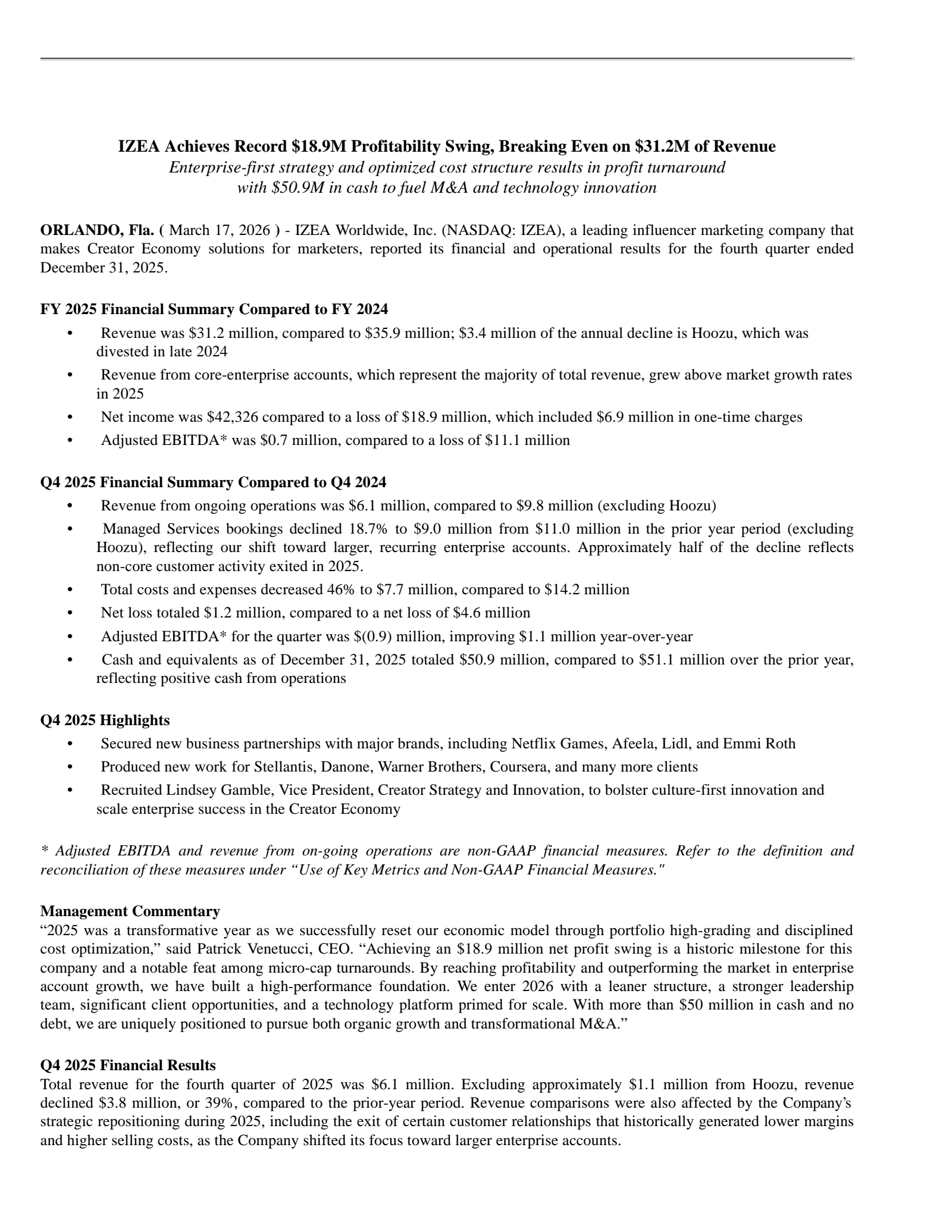 Izea Worldwide's Q4 2025 Press Release