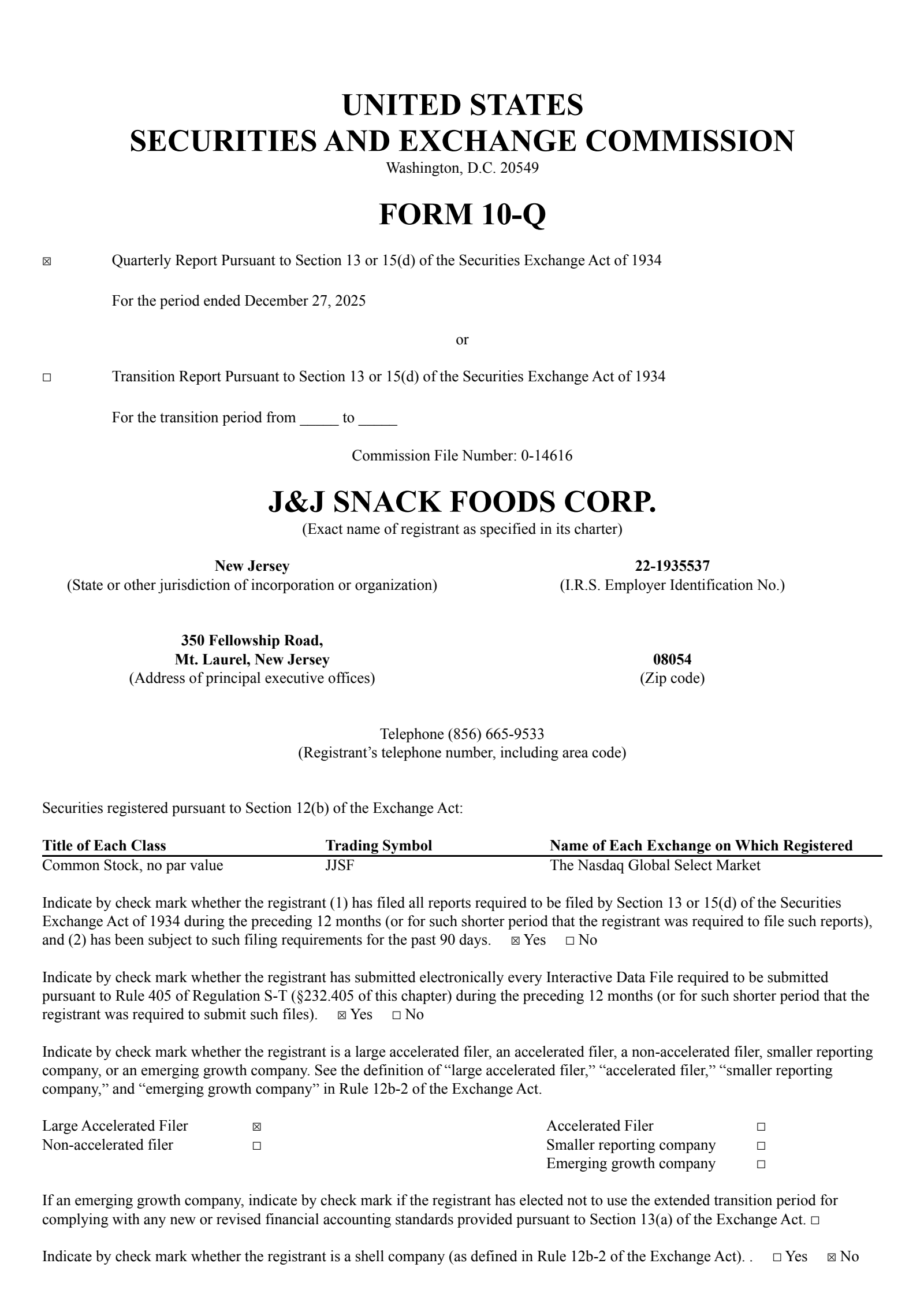 J & J Snack Foods' Q1 2026 Quarterly report